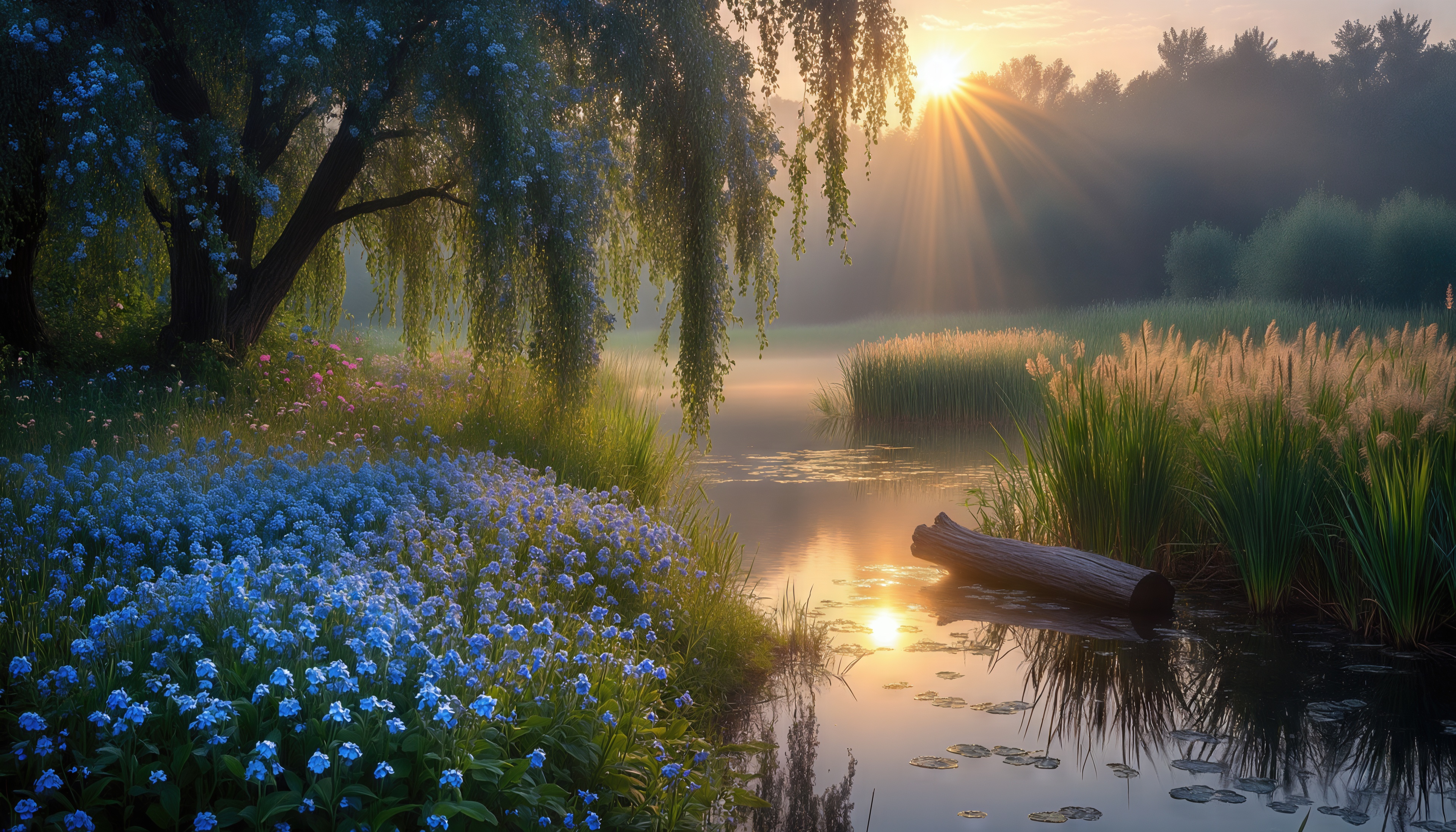 Бесплатное фото Утренний пейзаж: ива, цветущие незабудки и солнечные лучи над прудом.