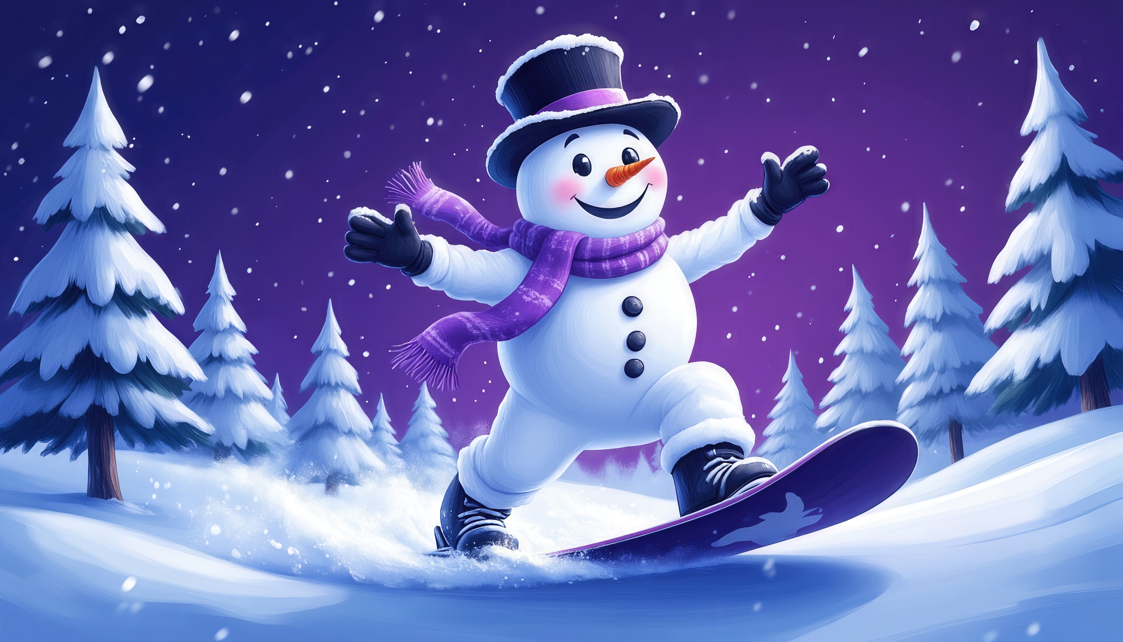 Бесплатное фото Весёлый снеговик катается на сноуборде в заснеженном лесу.