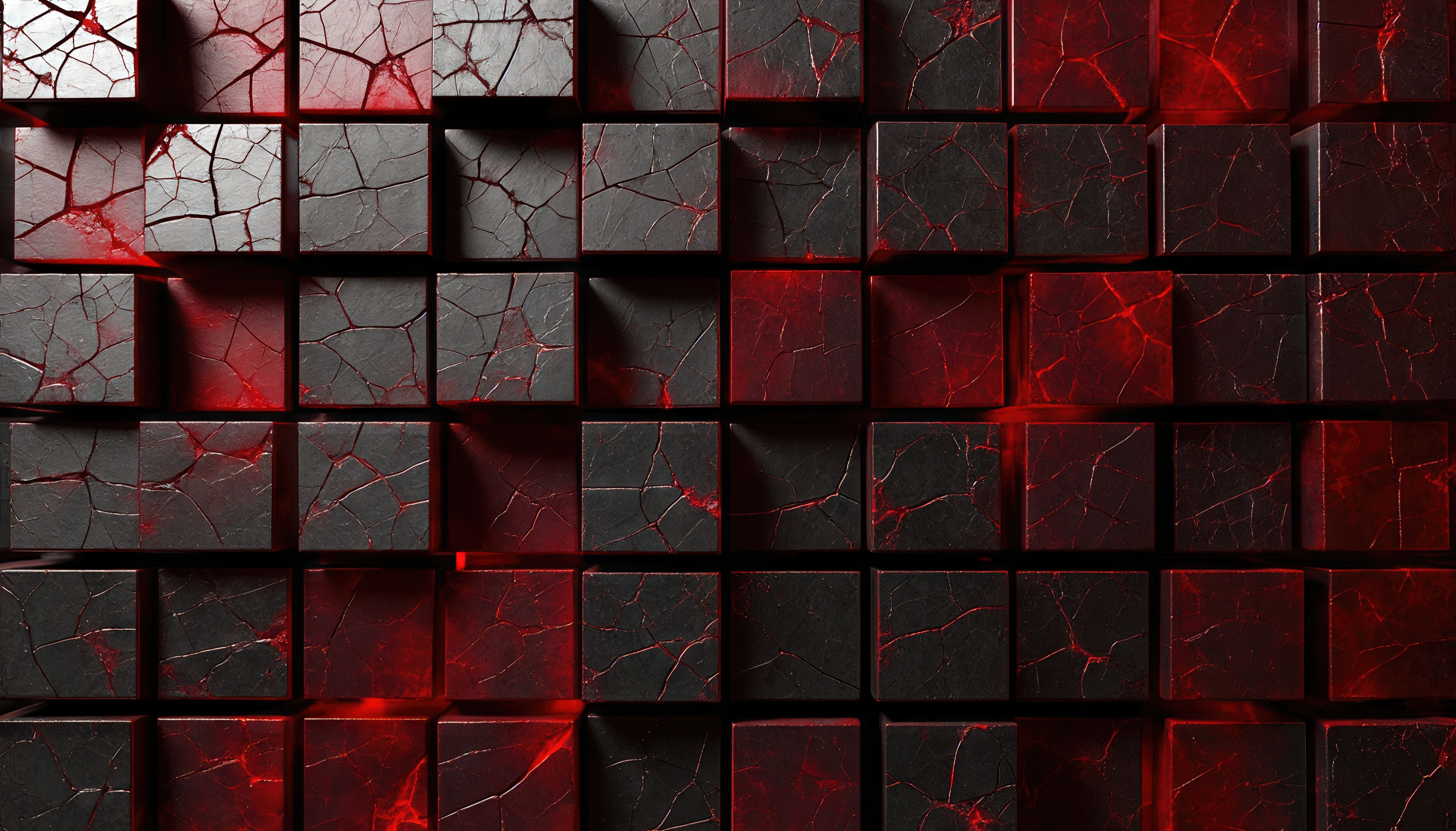 Free photo The three-dimensional wall of dark stone cubes is covered with deep cracks, through which crimson light penetrates.