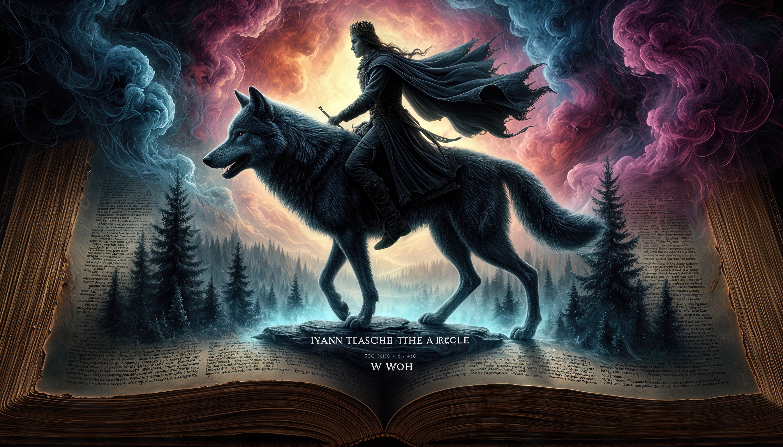 Фэнтези-арт: человек на волке, меч, лес, горы, закат, страницы книги.