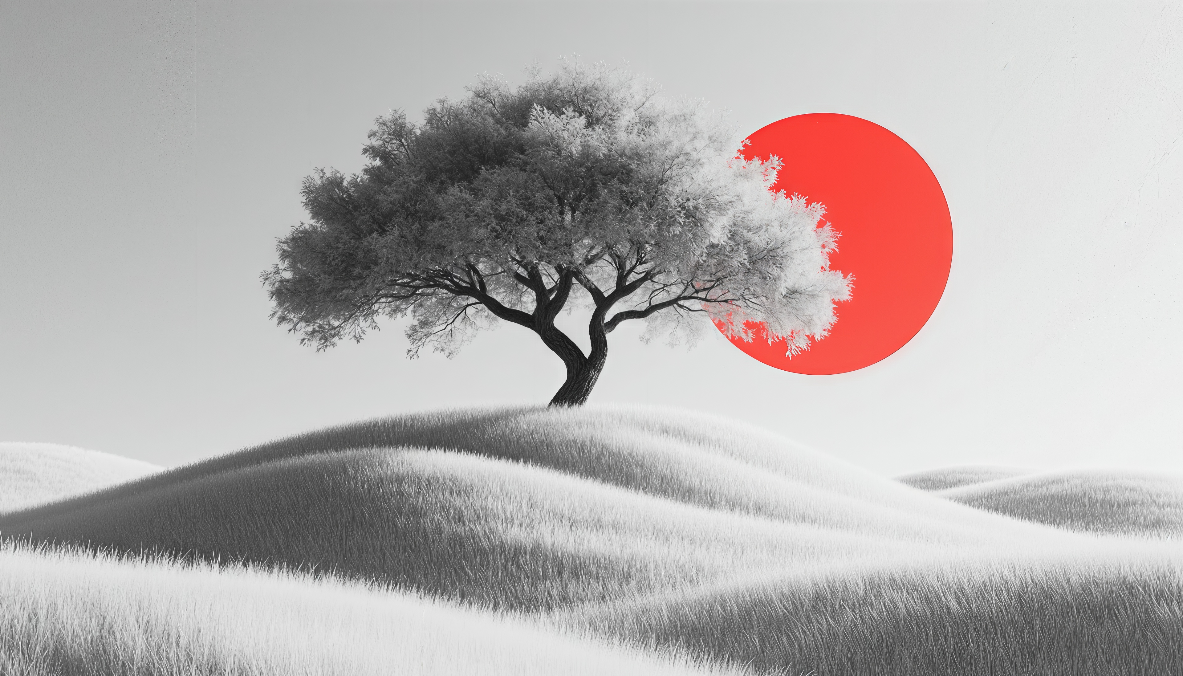 免费照片一棵孤树在一座小山上反对一个明亮的红色圆圈。