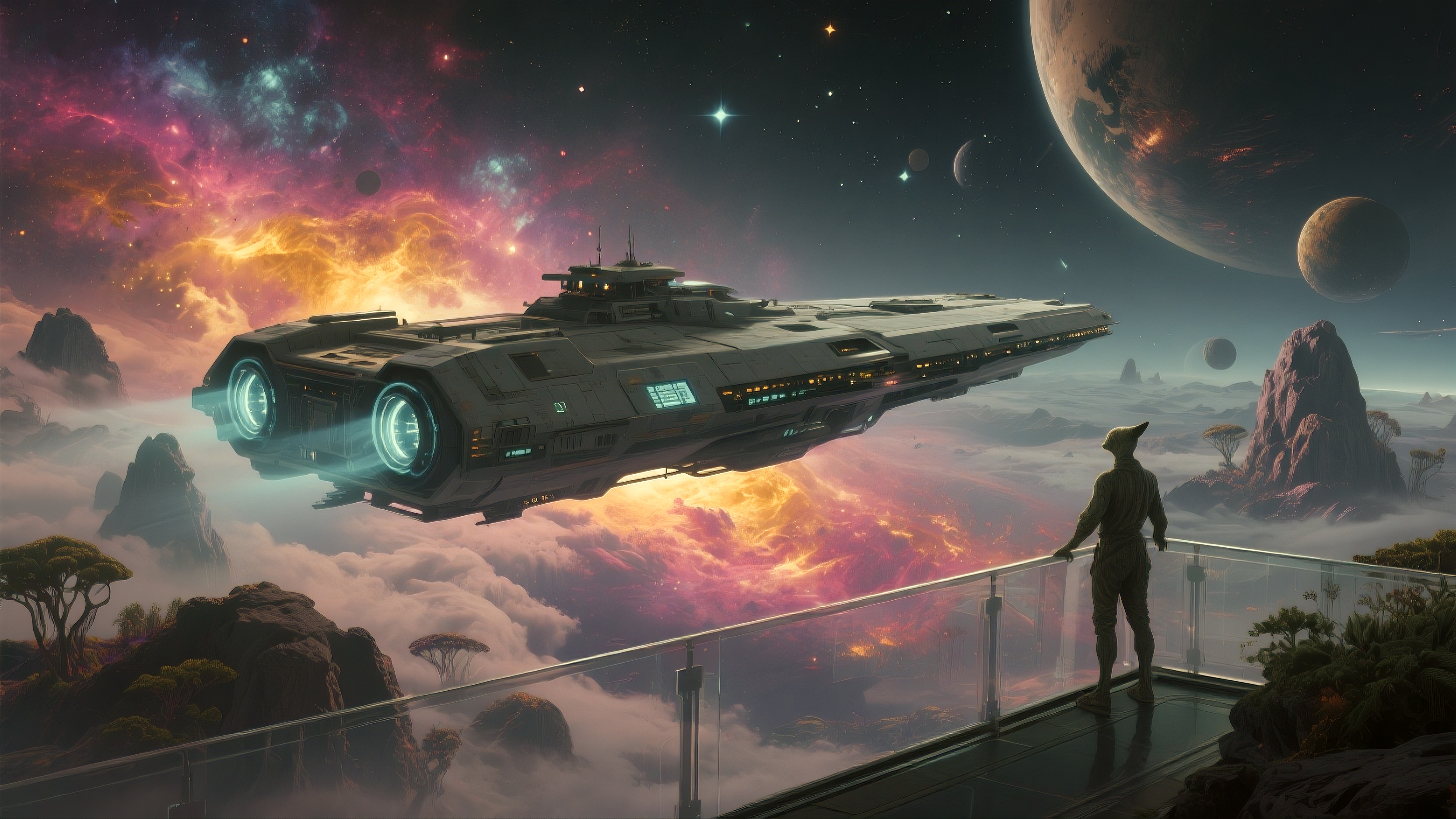 Художественное произведение, изображающее инопланетный корабль, вокруг которого парит космос