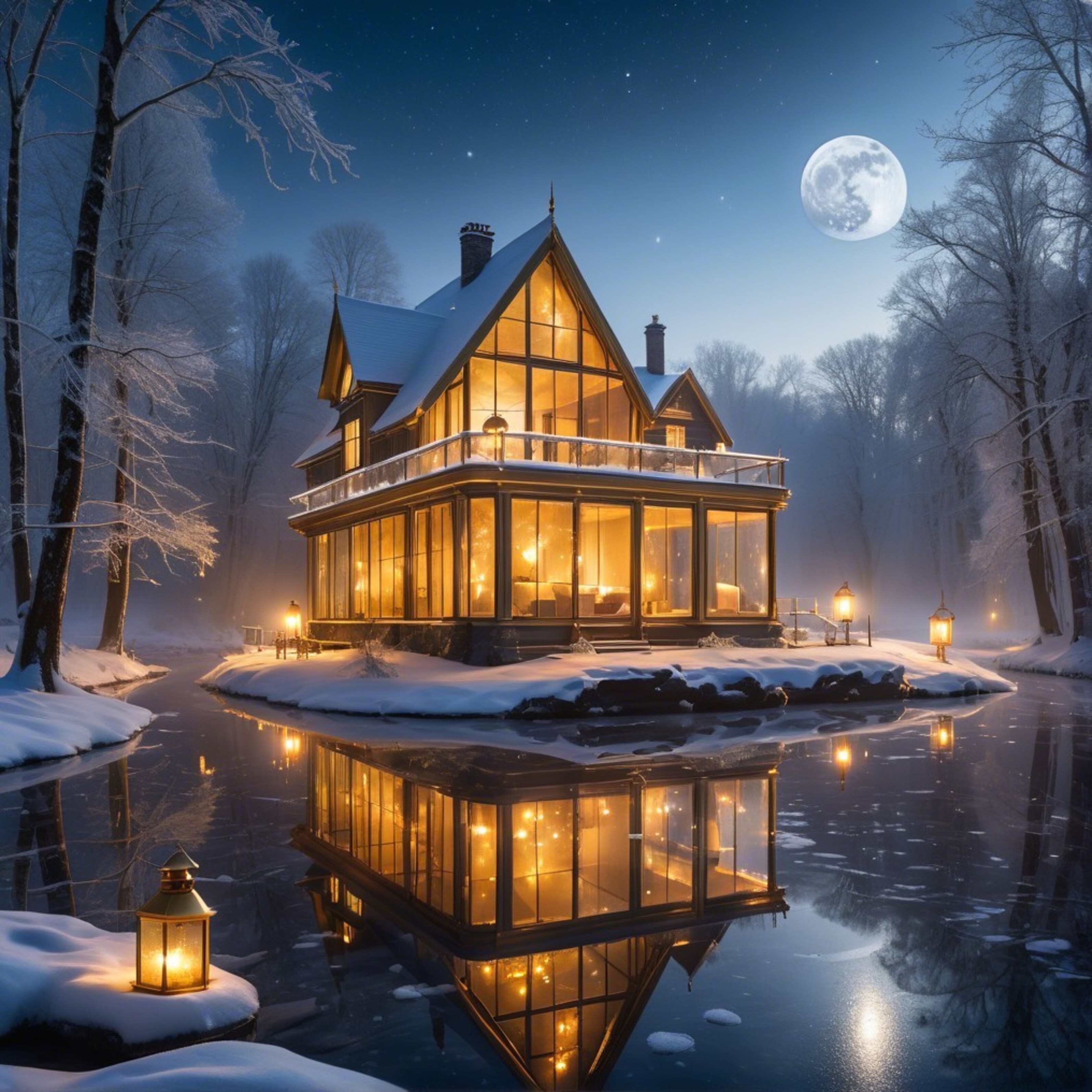 Бесплатное фото Домик в лесу зимой у реки