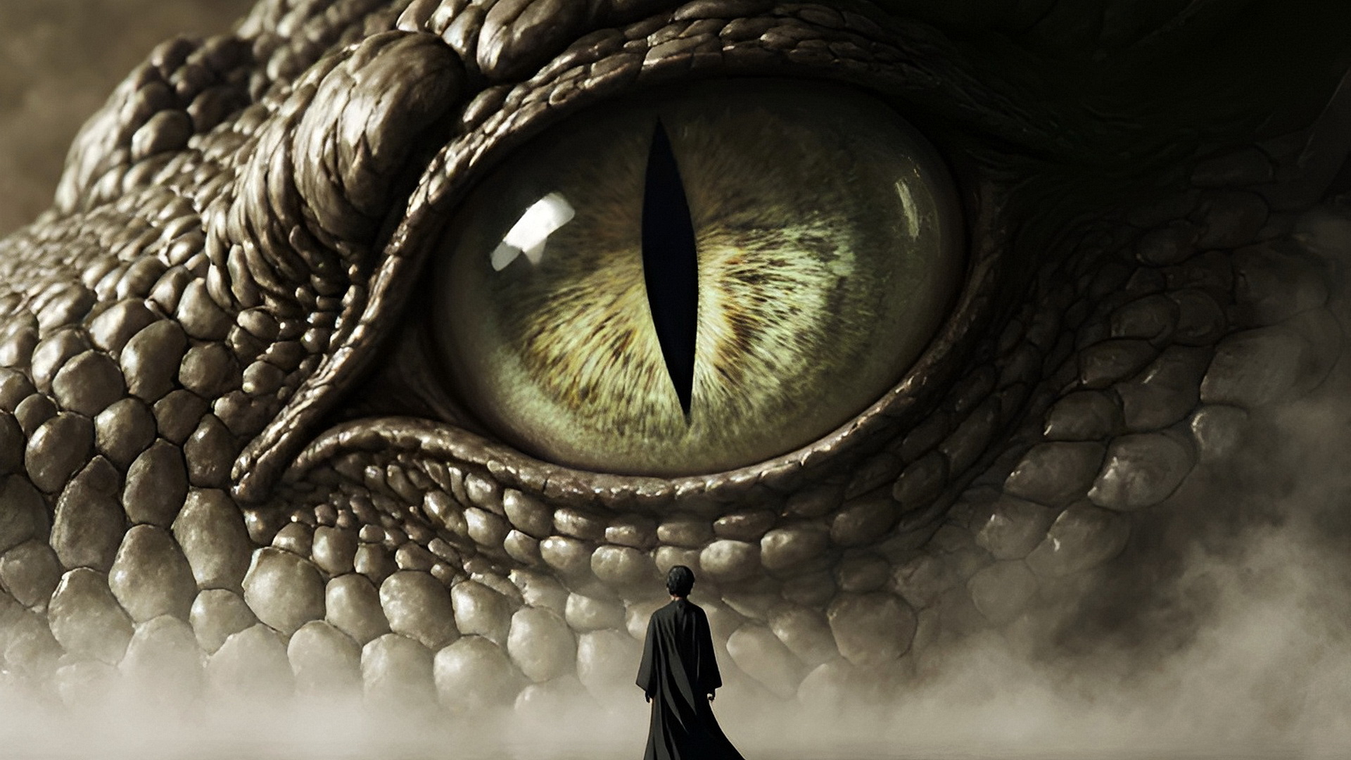 Огромный дракон смотрит на человека