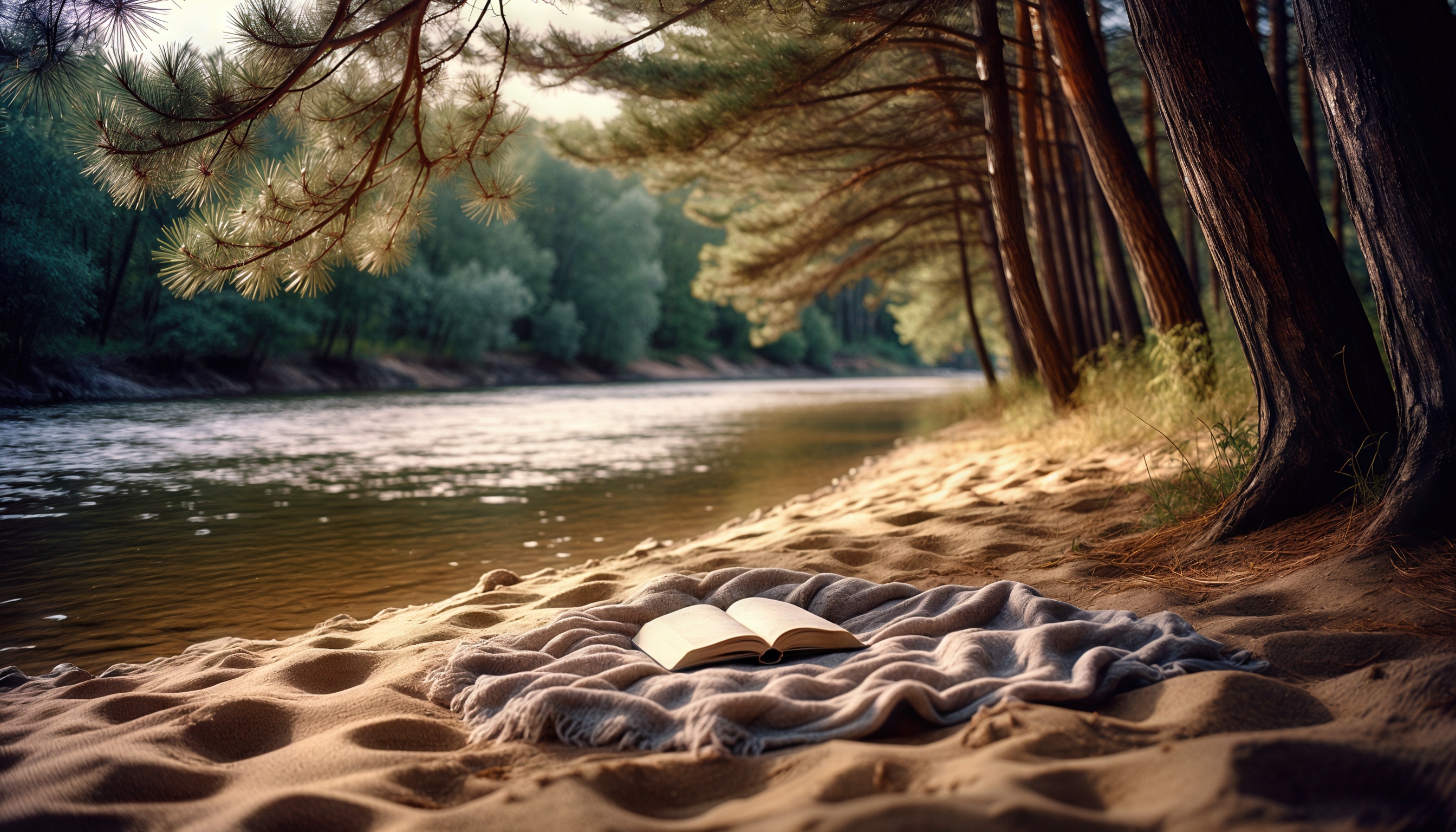 Бесплатное фото Спокойный пейзаж с рекой, лесом и открытой книгой на пледе, создающий атмосферу уединения и отдыха.