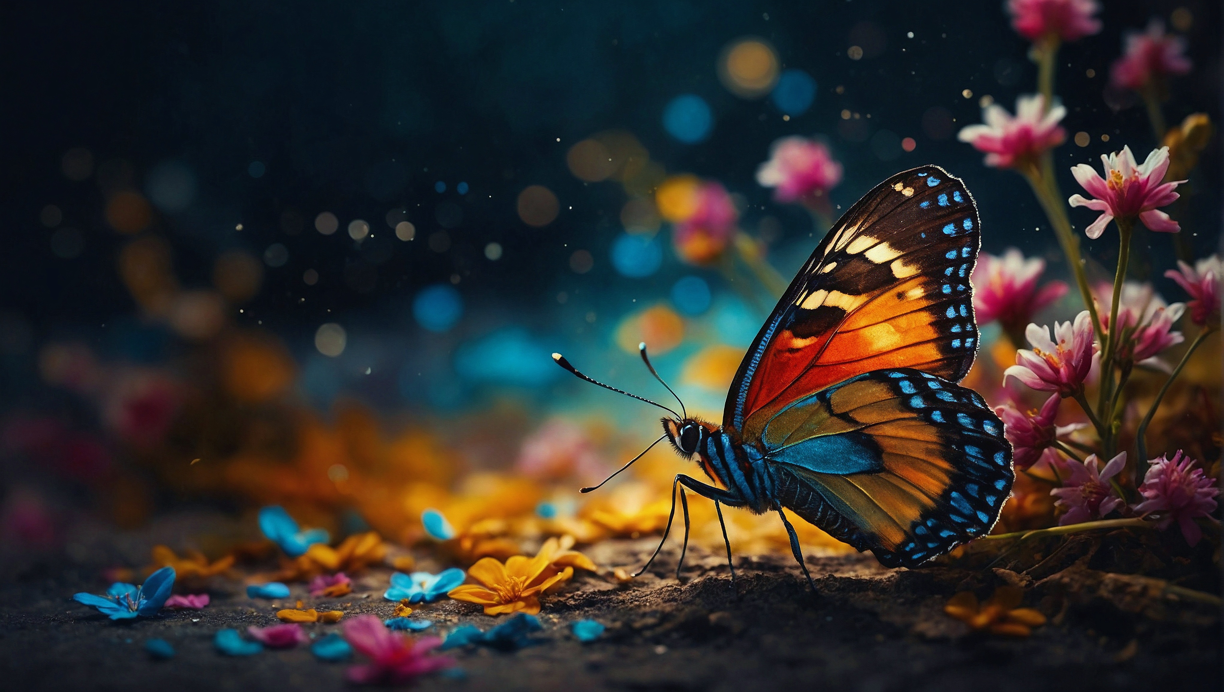 Free photo A butterfly sitting on a field of flowers