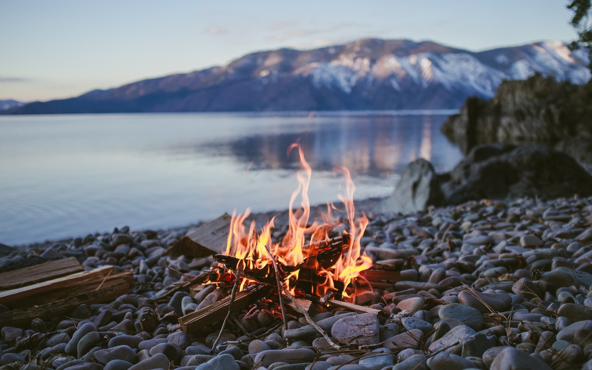 免费照片湖边岩石上的篝火