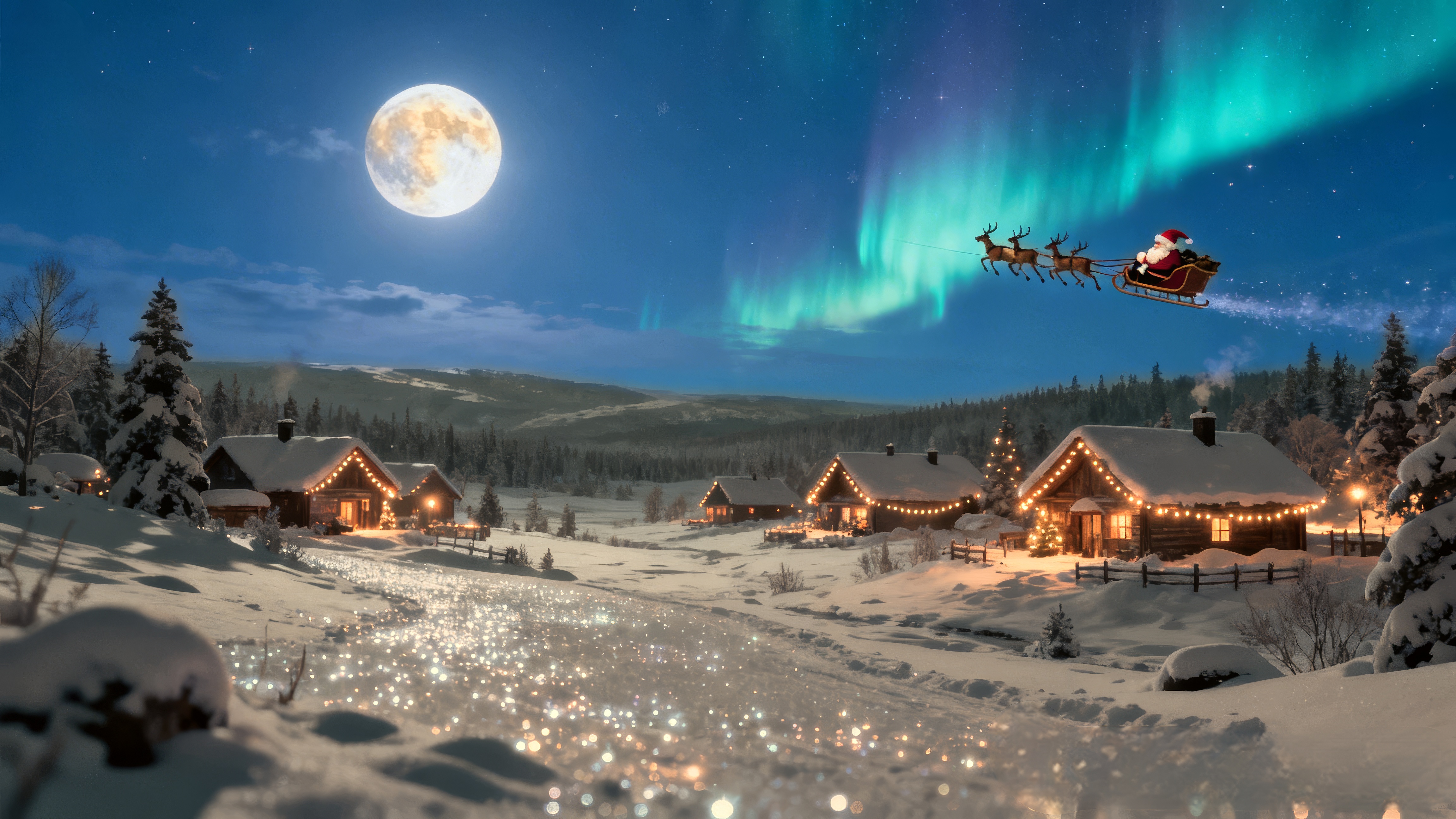 Санта катается на своих санях по ночному небу