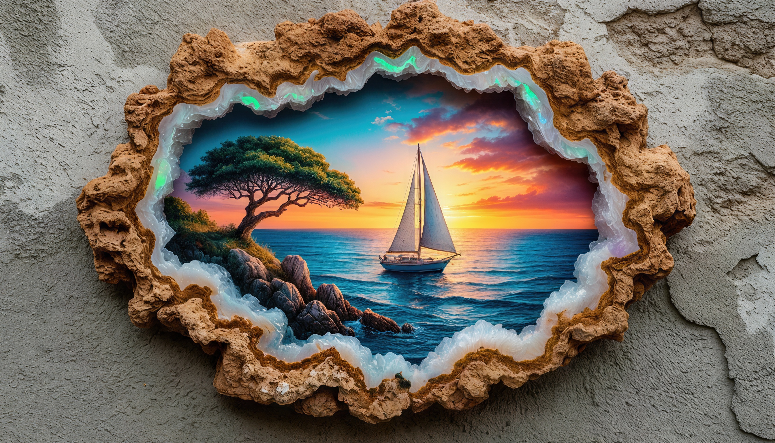 Картина яхты, стоящей у берега на фоне заката, в необычном оформлении.