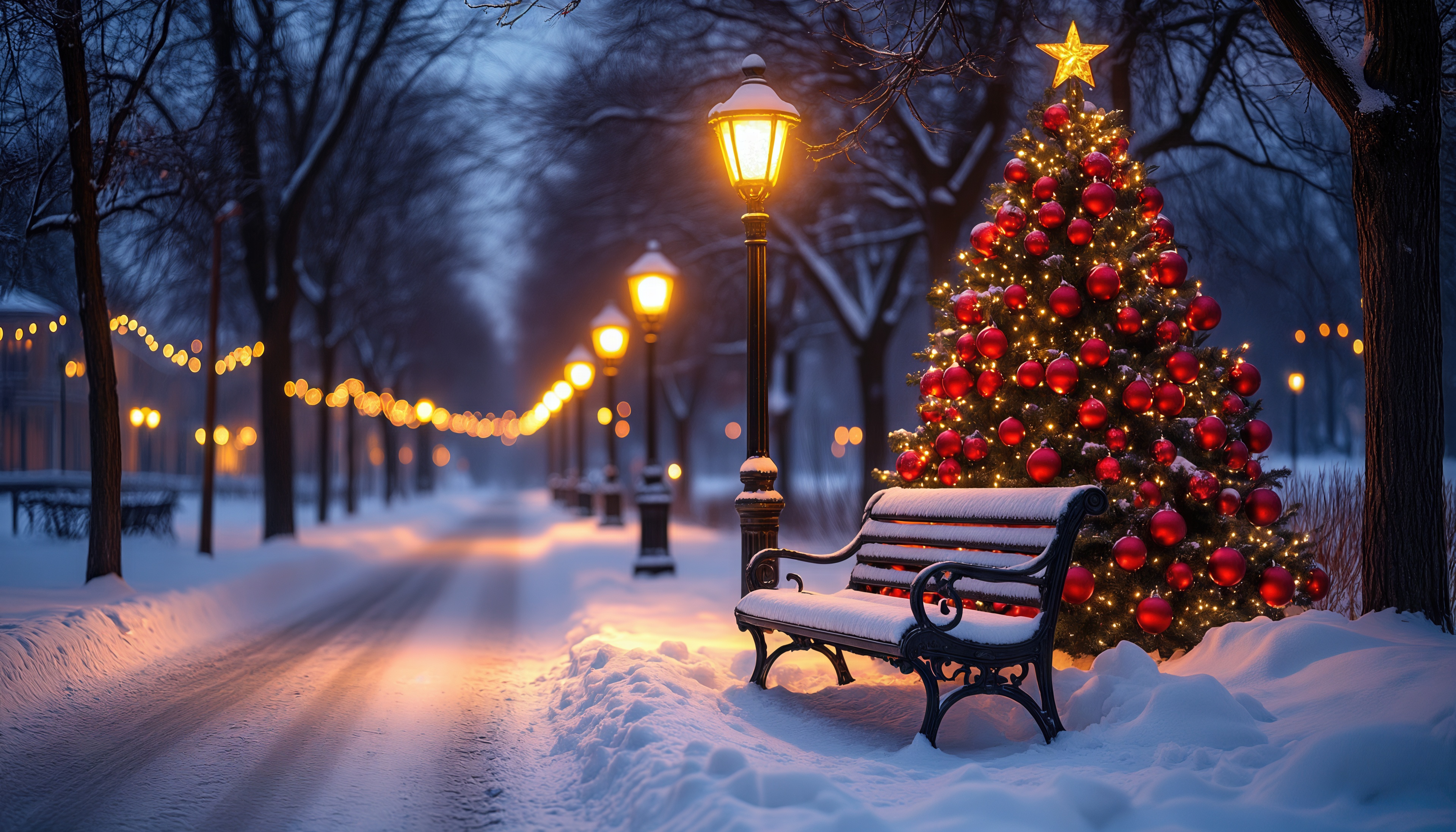 Бесплатное фото Ёлка с красными шарами у заснеженной скамейки в парке.