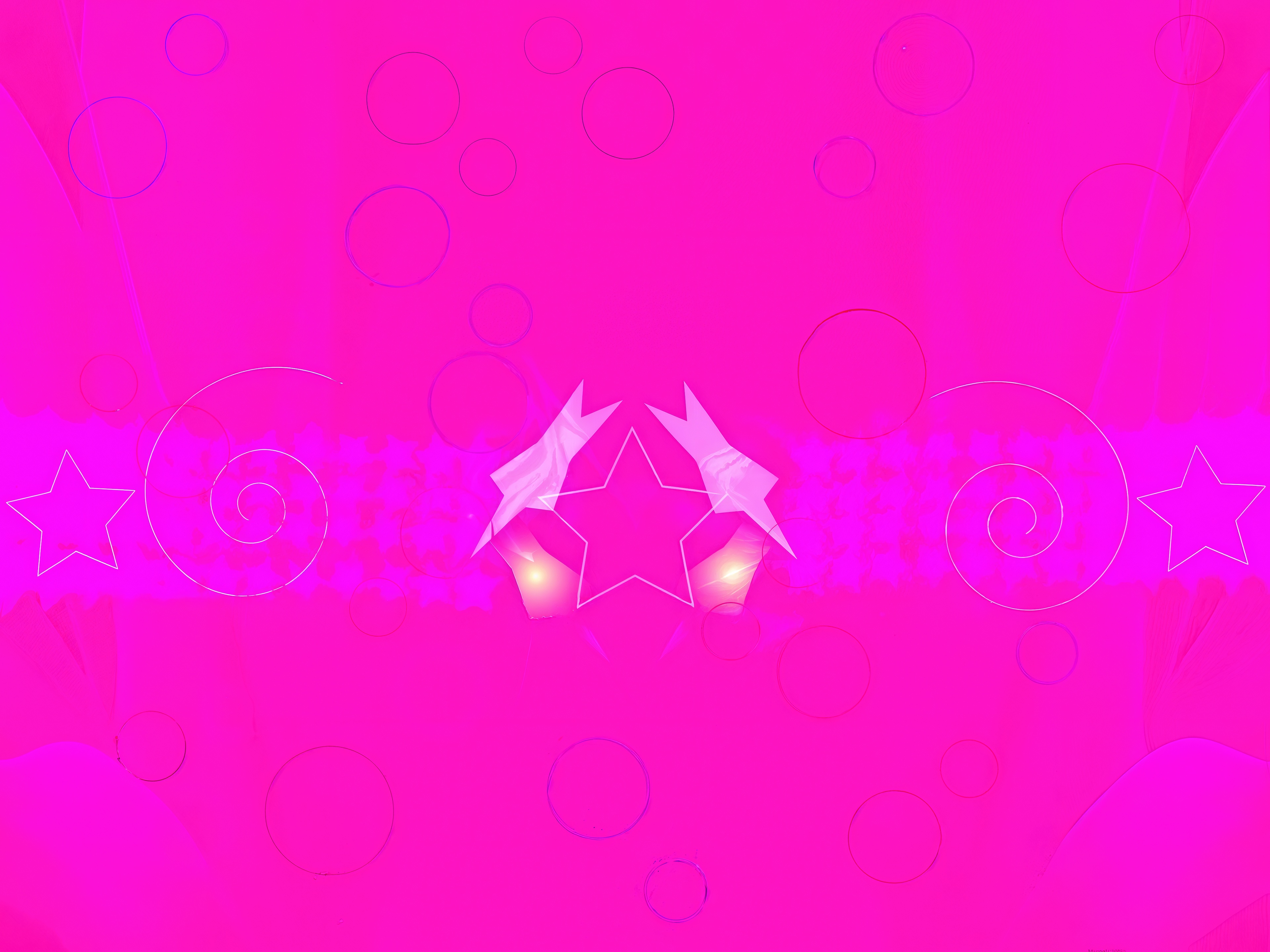Bright pink abstract background with decorative stars, circles and spirals.