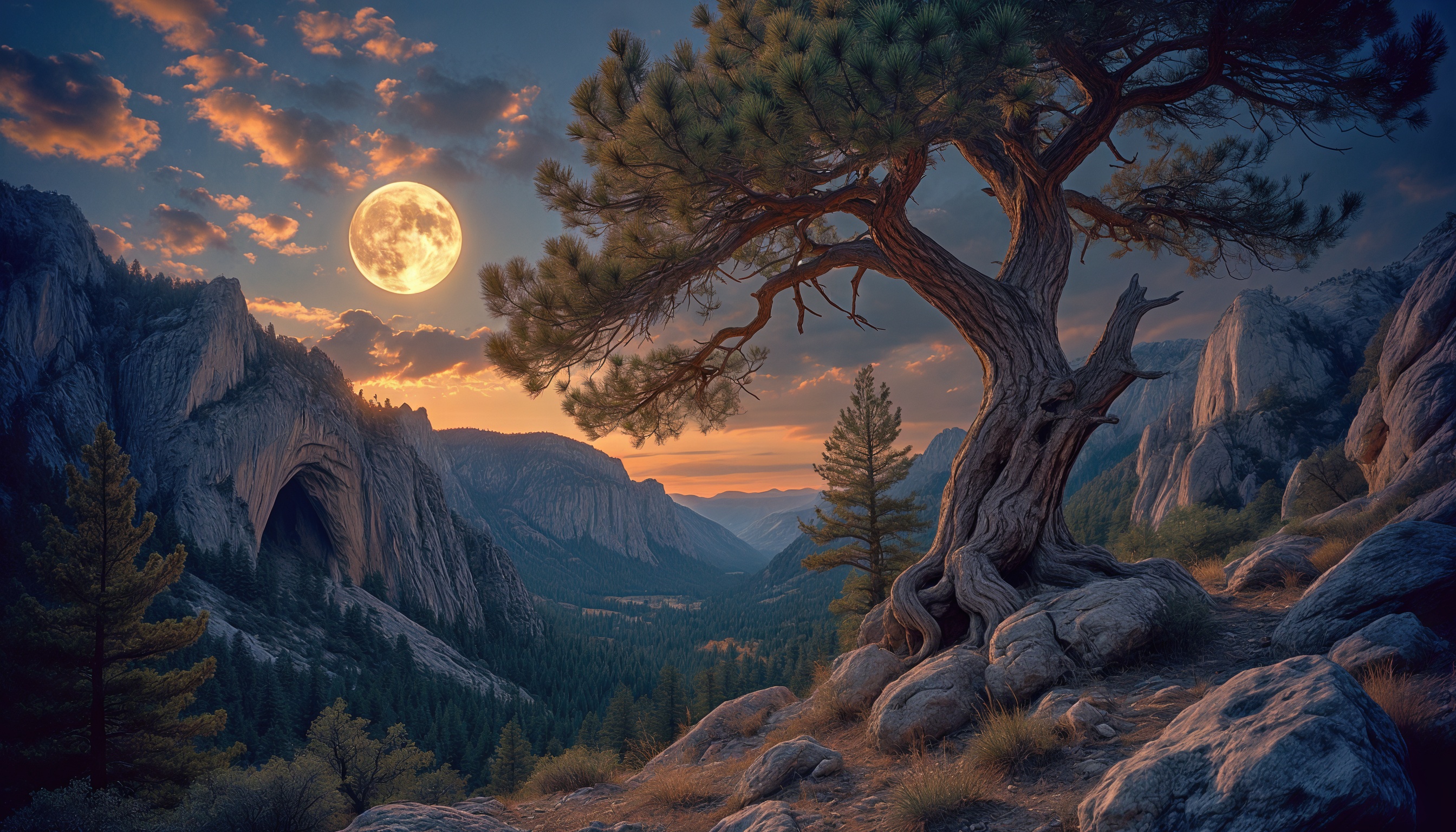 Бесплатное фото Величественные горы в лунном свете, одинокая сосна склонилась над скалами.