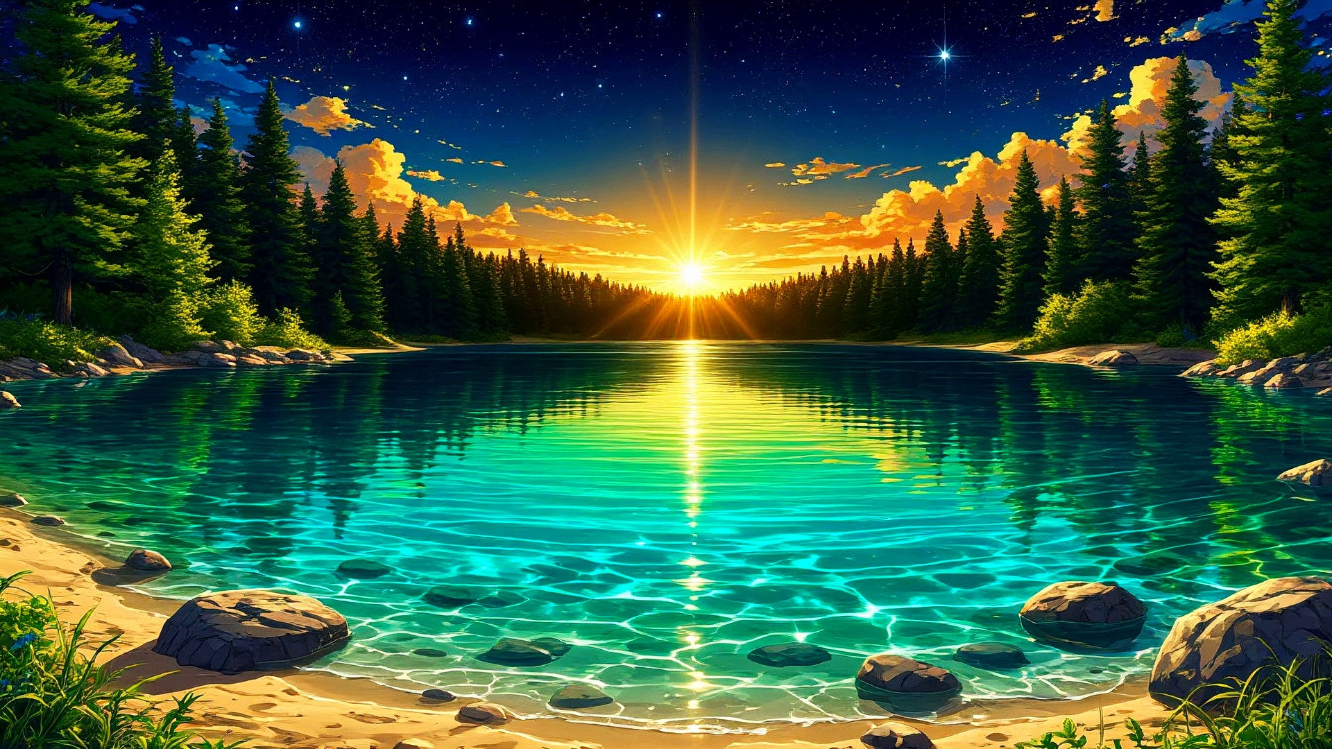 Бесплатное фото Пейзаж закат на озером