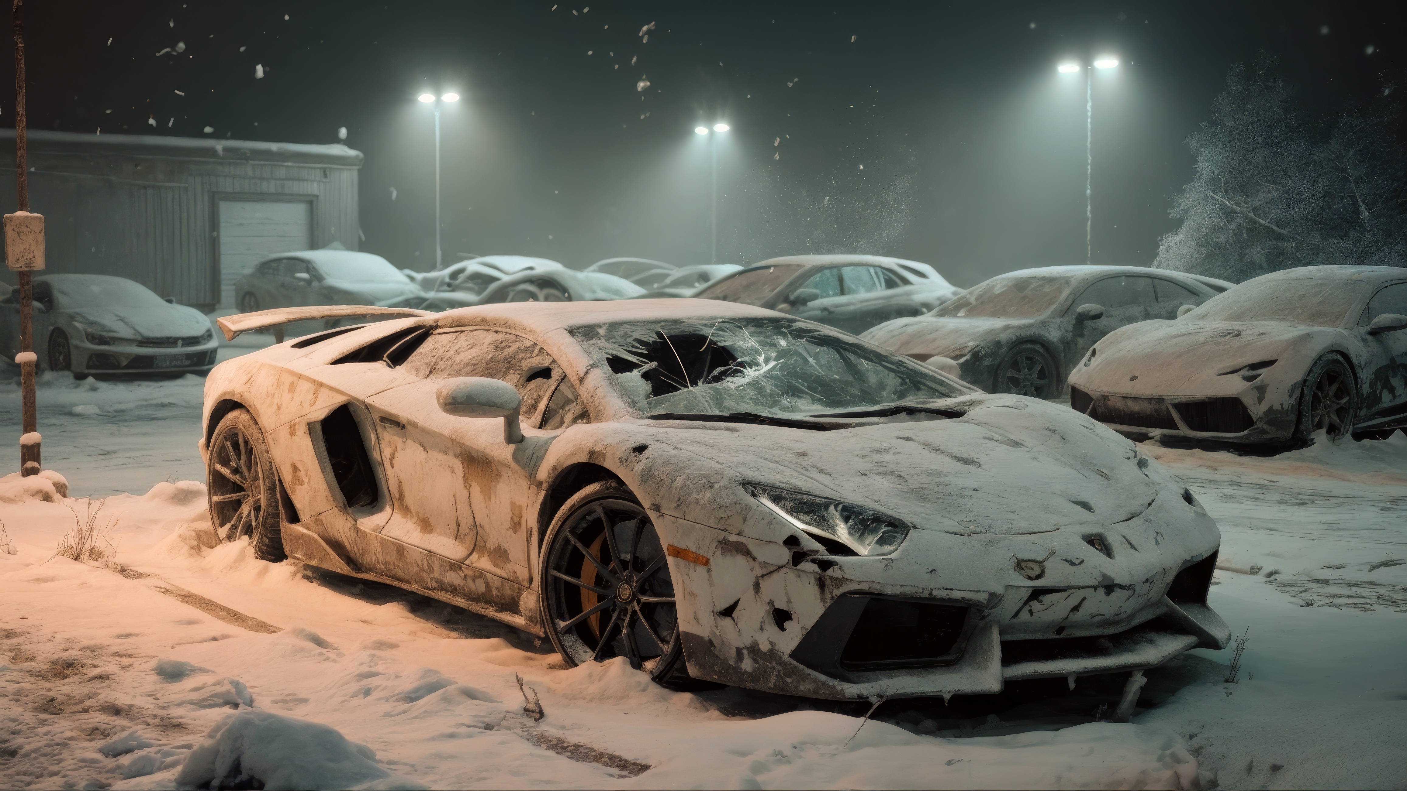 Two cars are sitting in the snow outside
