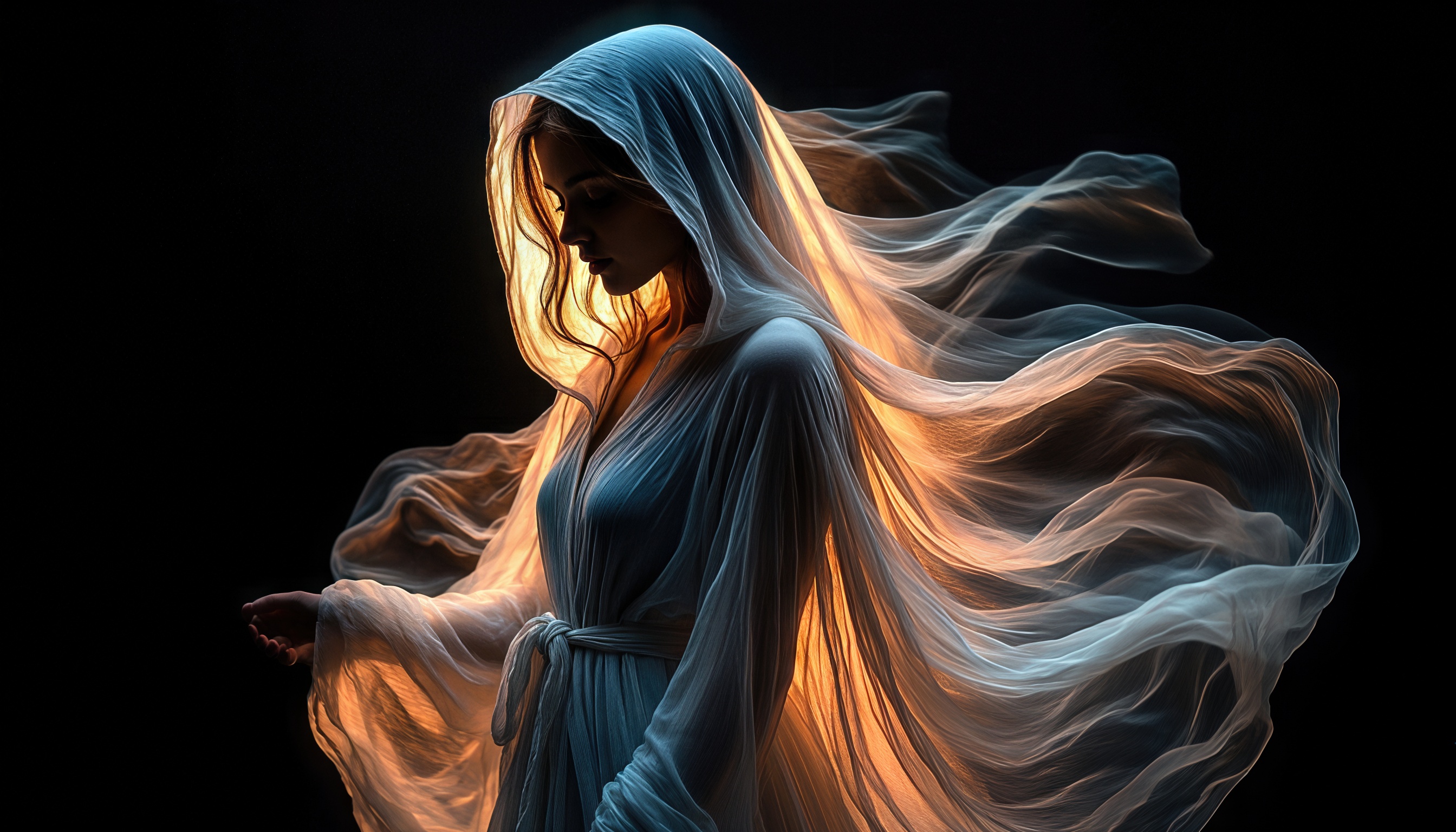 Бесплатное фото Девушка в длинном платье и плаще, стоящая на темном фоне, с волосами и одеждой, развевающимися в воздухе.