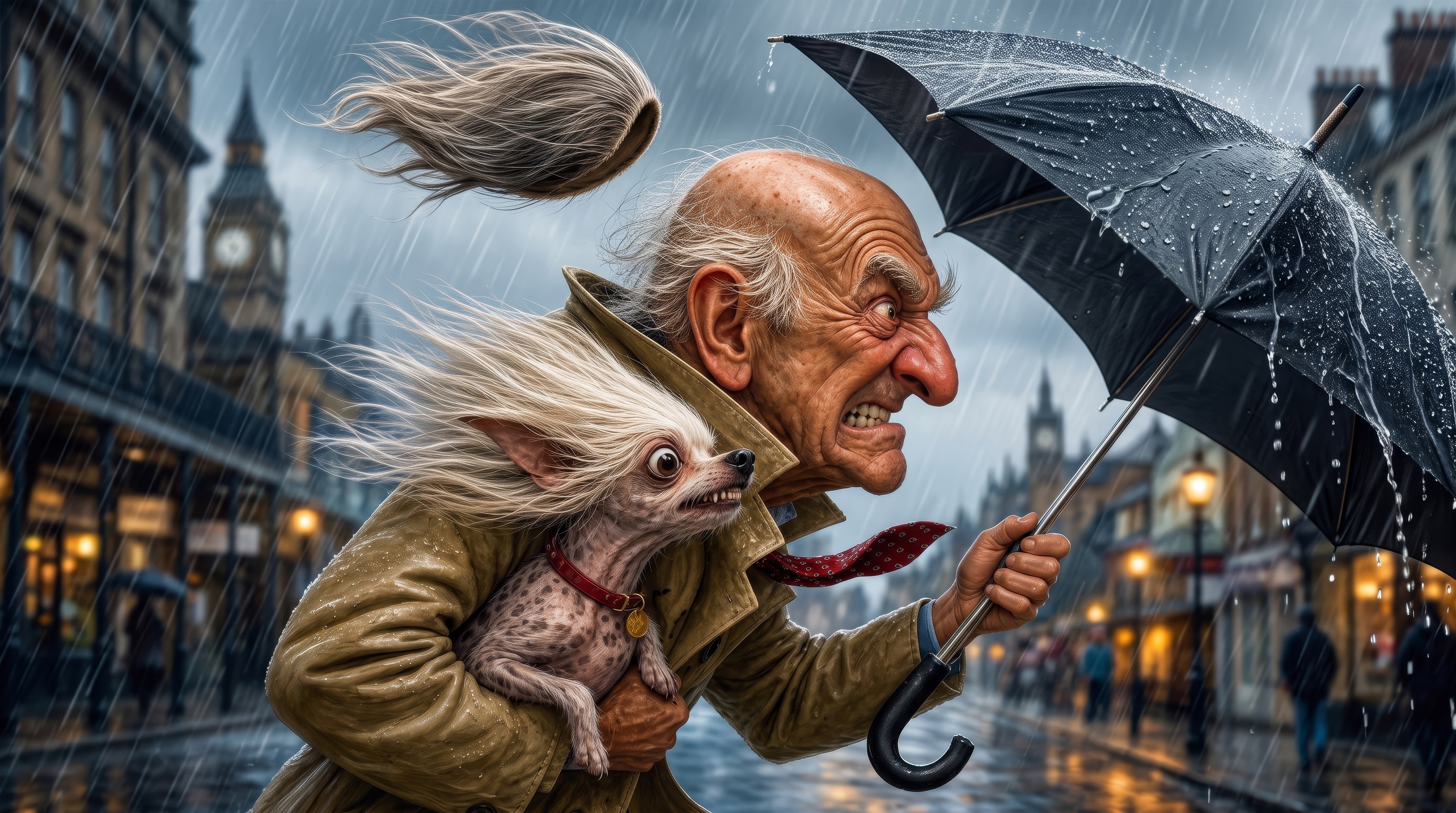 A man carrying a dog with an umbrella