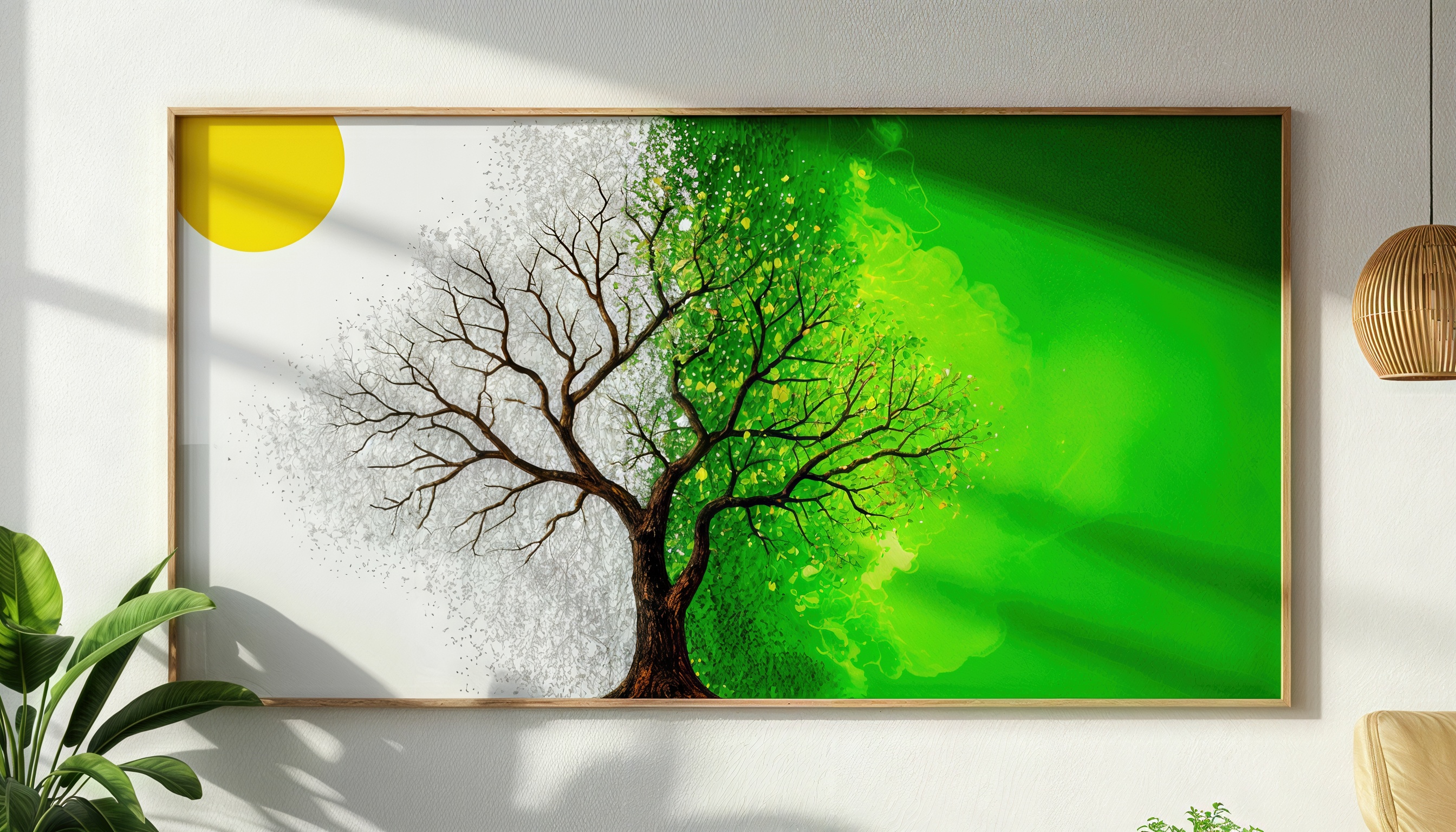Бесплатное фото Картина в комнате с изображением дерева, разделенного на две части, зиму и лето.