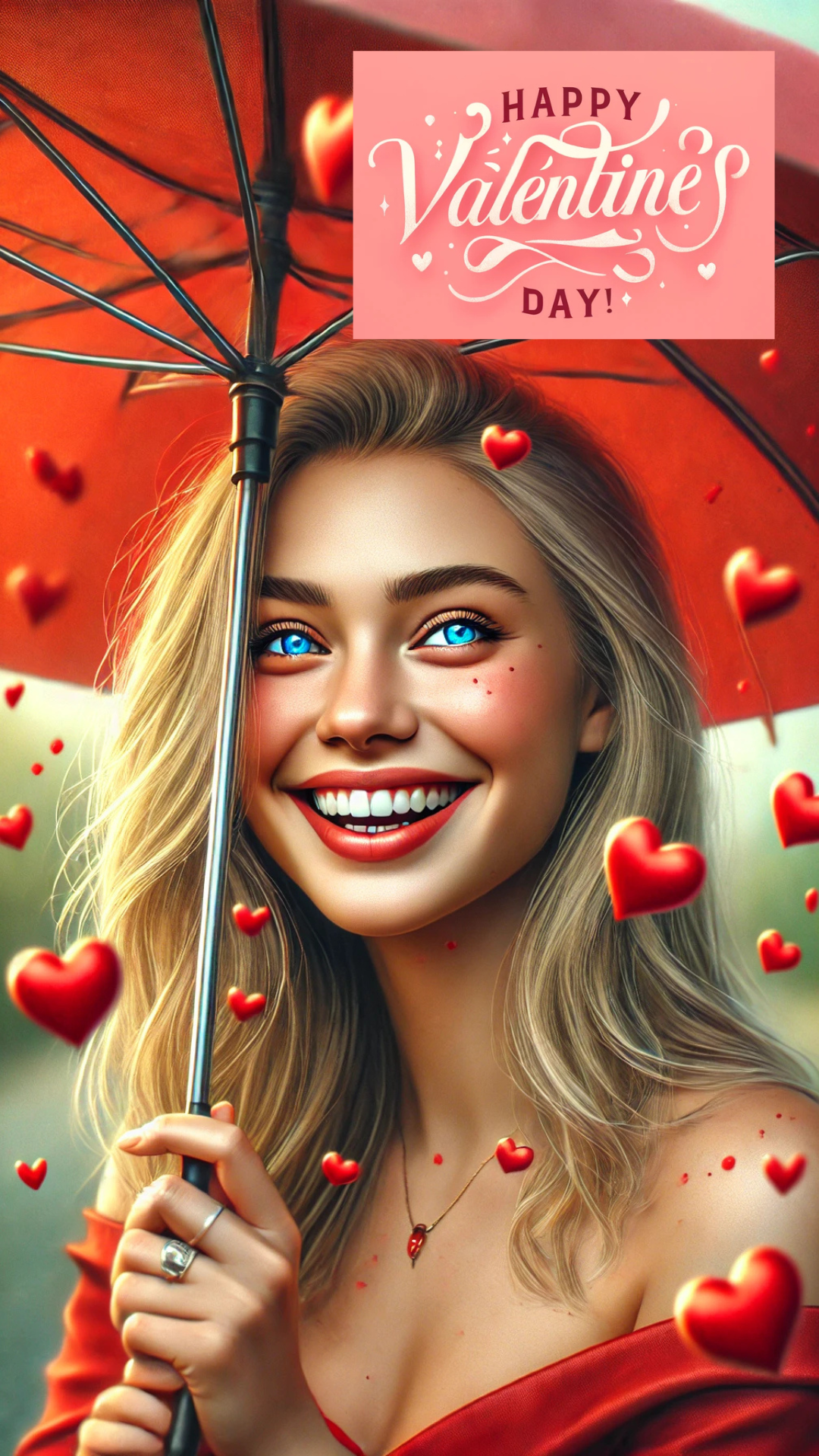 Бесплатная открытка Голубоглазая блондинка с зонтом под дождём влюблённых сердечек