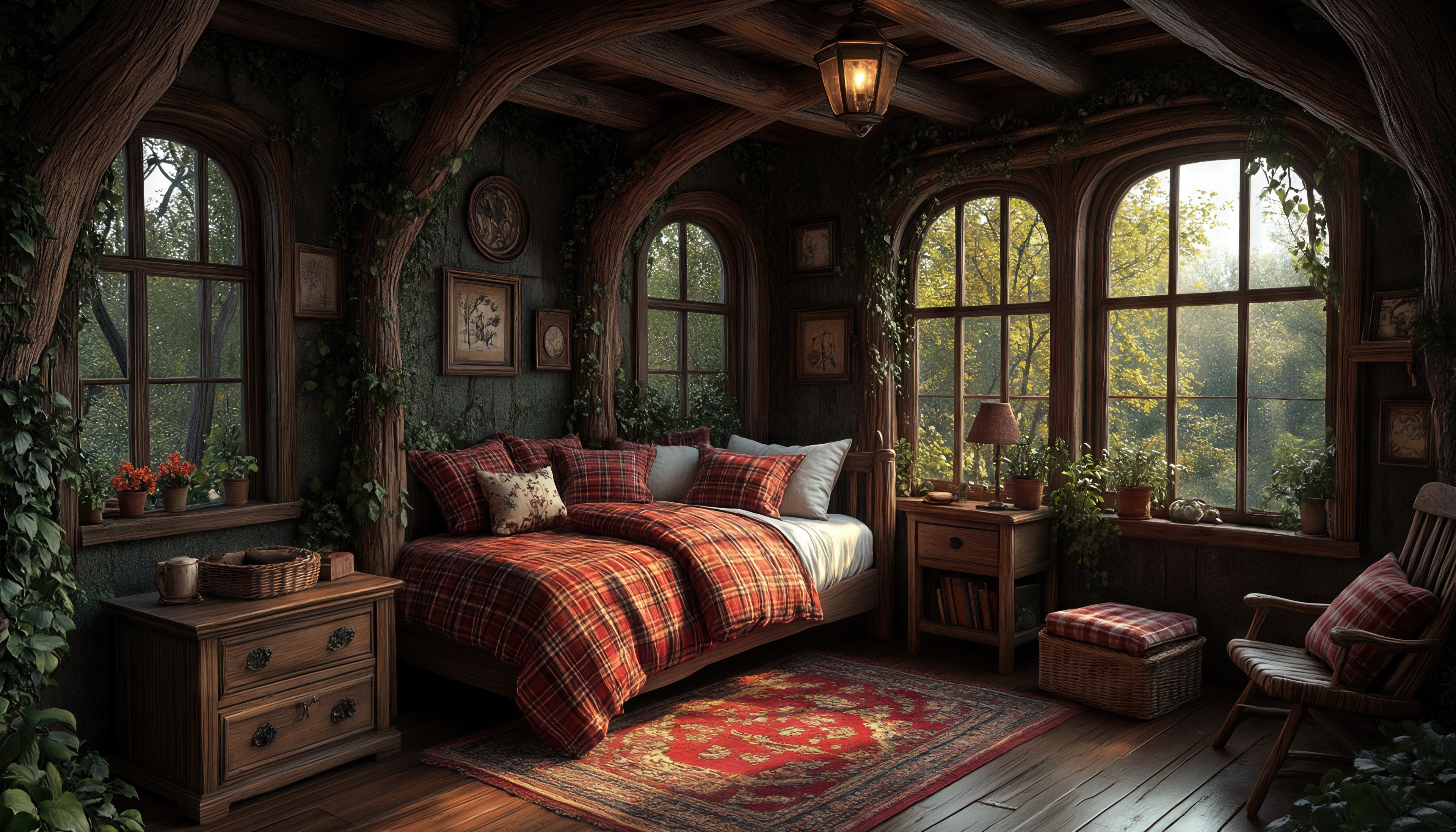Бесплатное фото Тёплая спальня в кантри-стиле: клетчатый плед, ковёр с орнаментом, зелень на окнах - шёпот уюта в древесных объятиях.