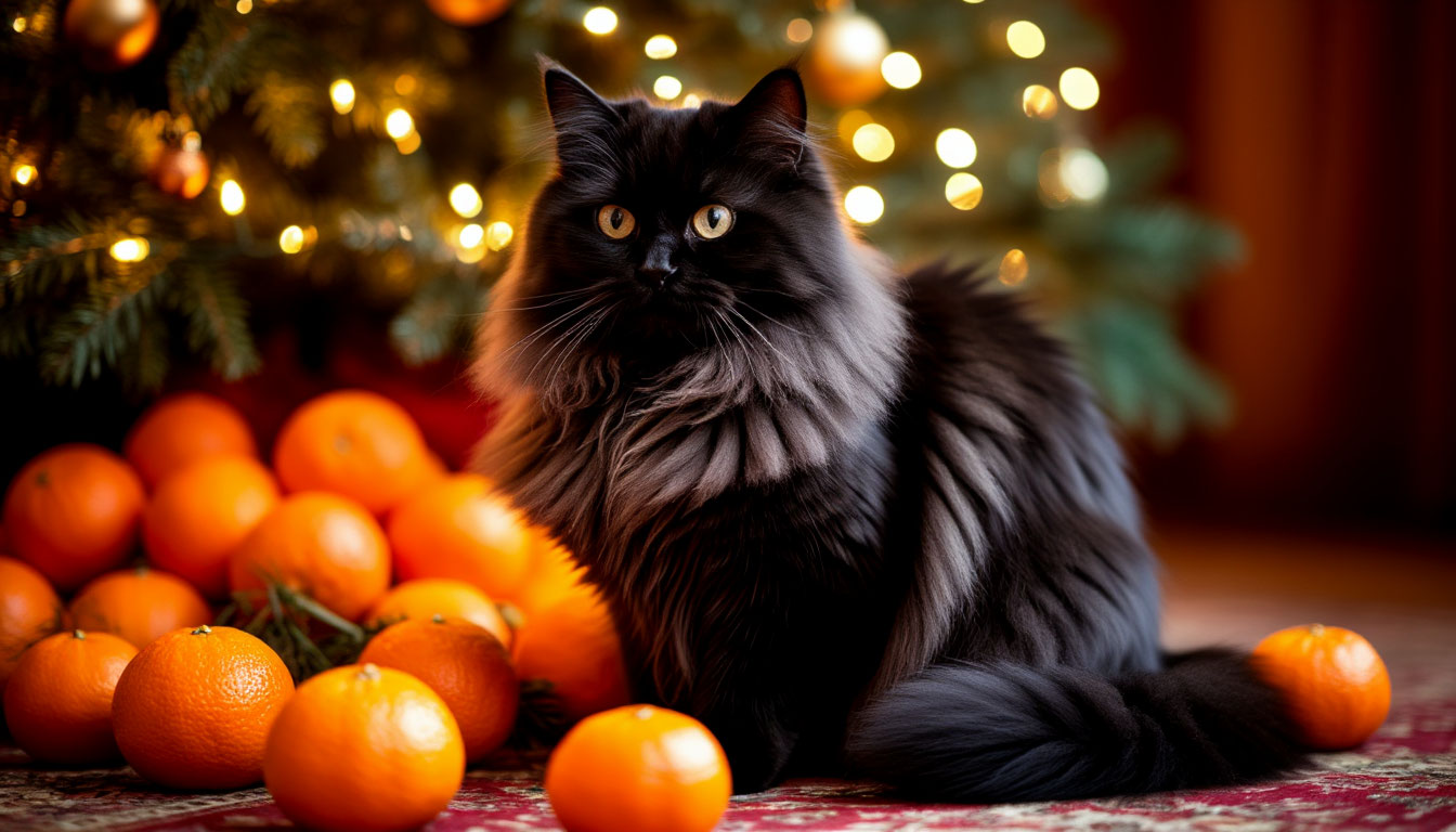 Бесплатная открытка Новогодний кот и мандарины.