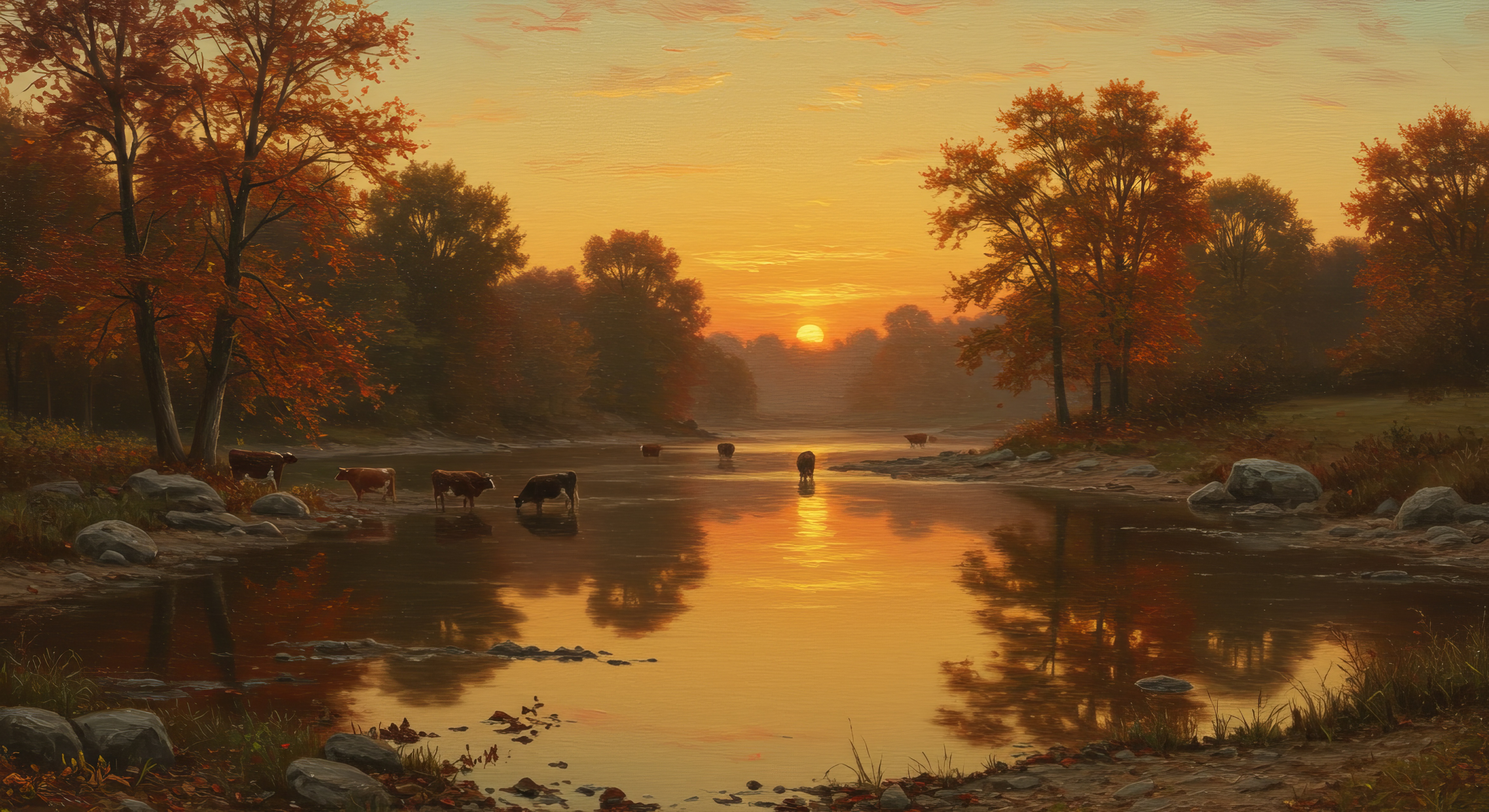 Картина с изображением заката с коровами в воде