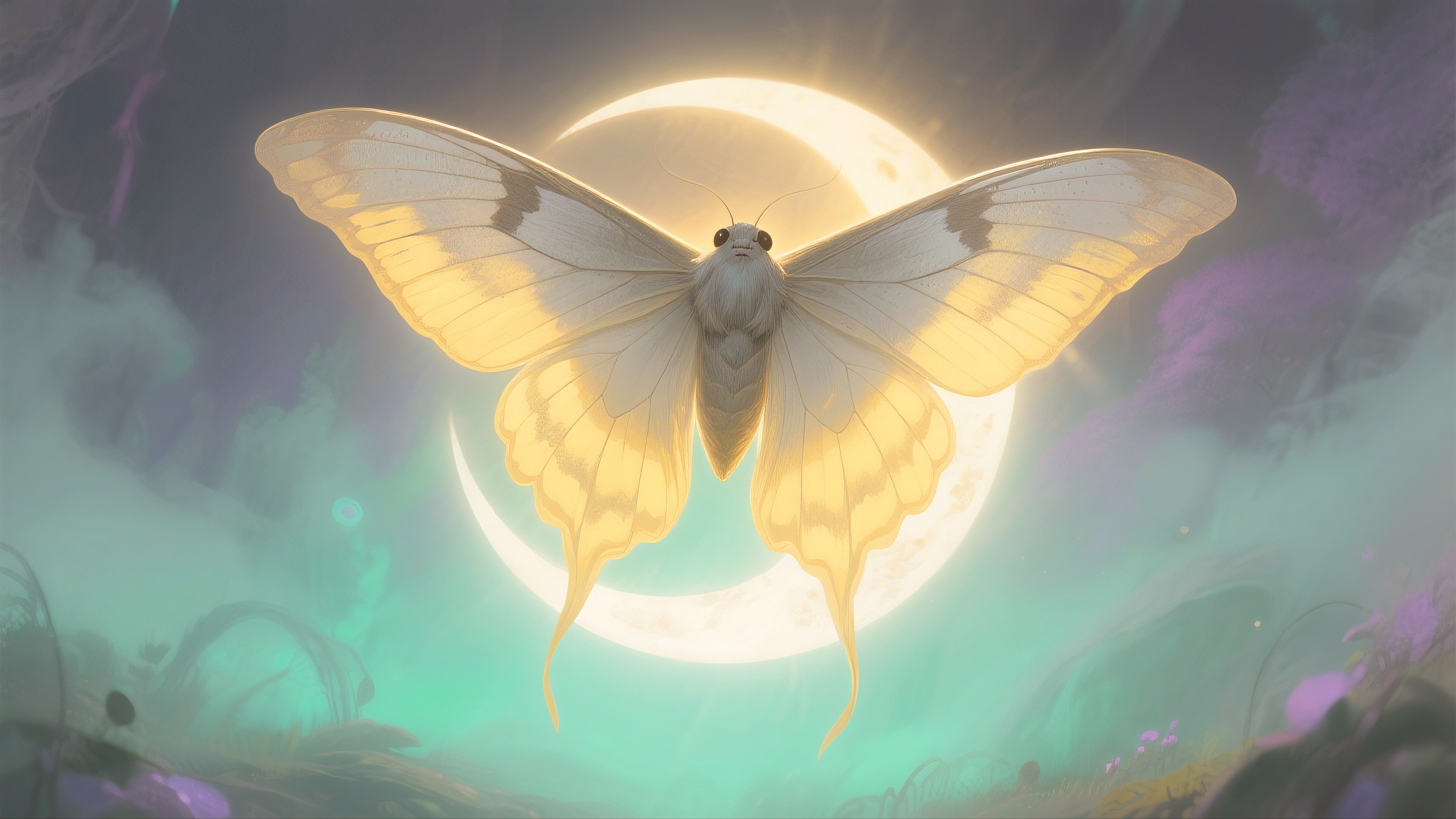 Free photo A yellow butterfly flying over the moon in the sky