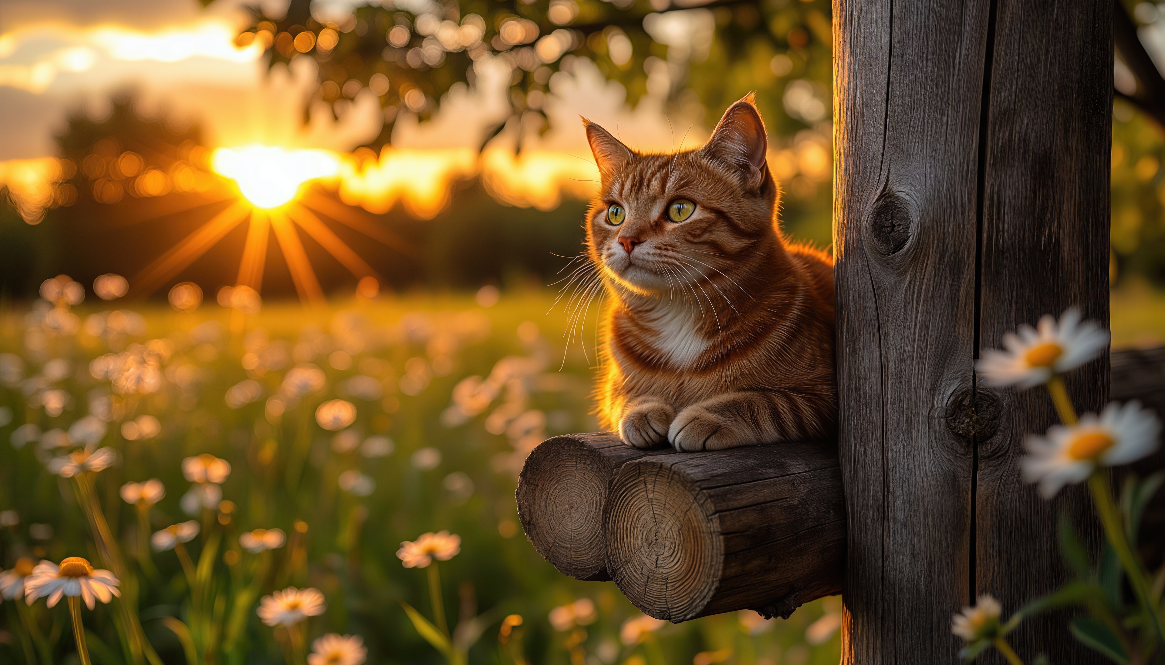 Free photo A red-haired cat is thoughtfully watching the sunset, sitting on a wooden fence among daisies.
