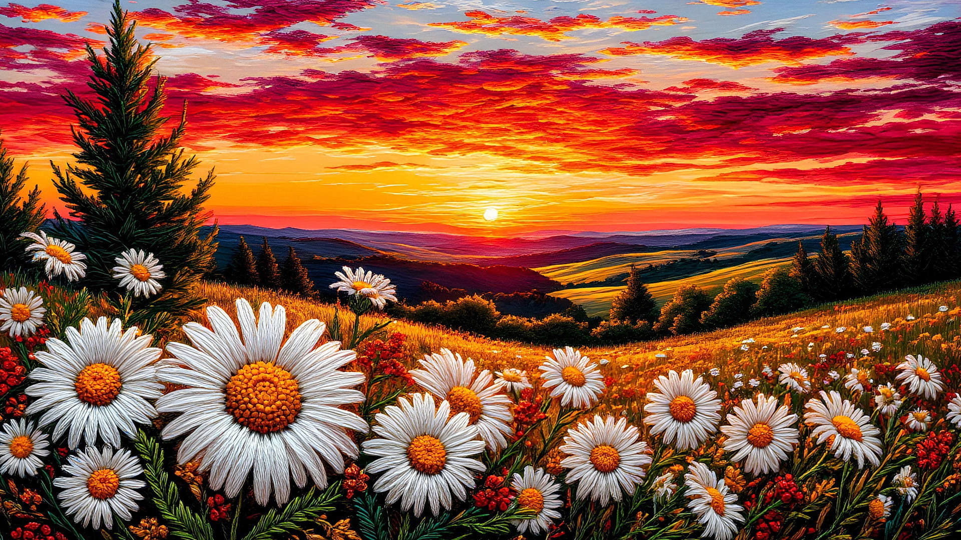 Бесплатное фото Пейзаж закат и ромашки в поле