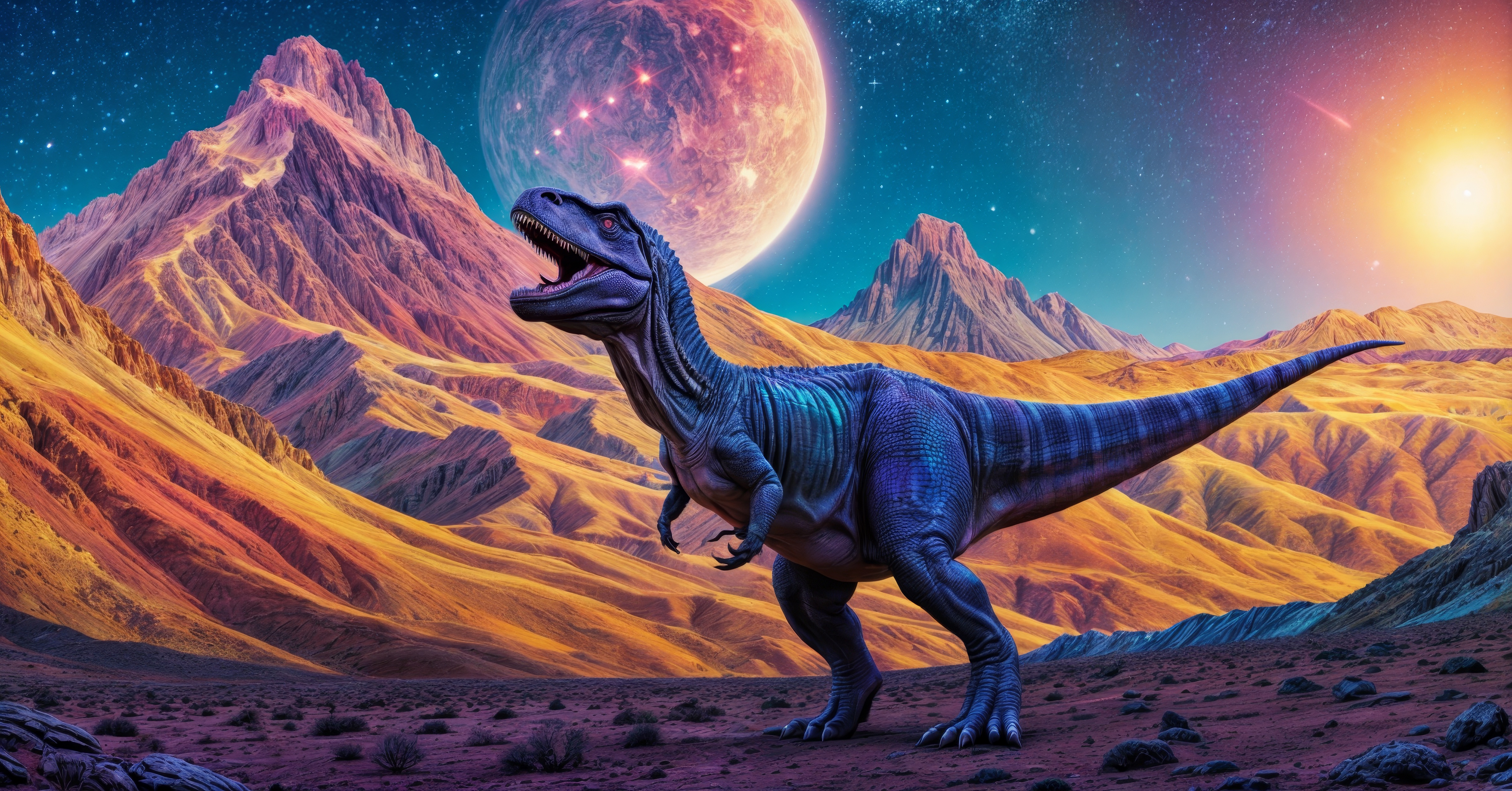 Бесплатное фото Картина с изображением динозавра в горах