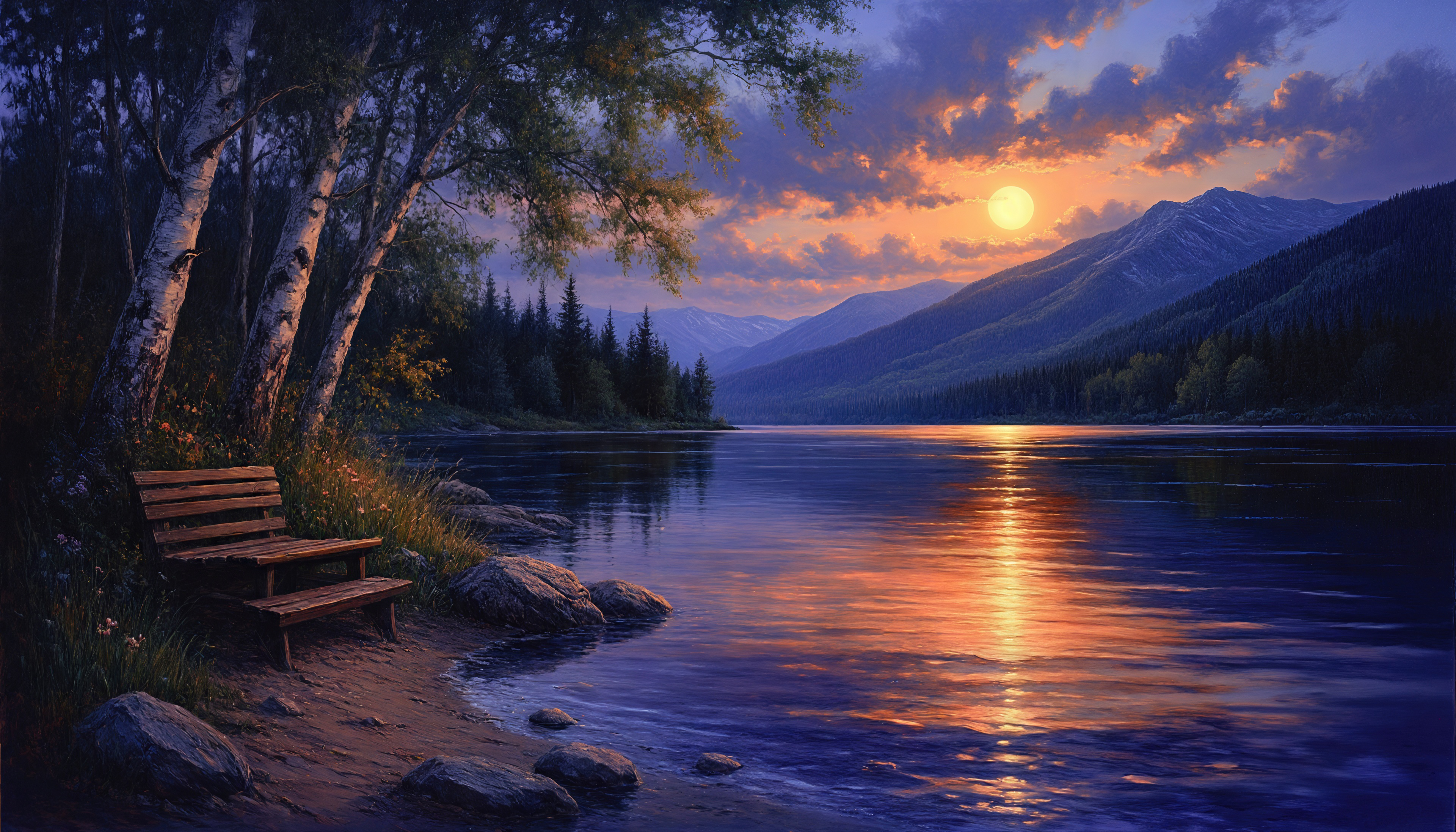 Бесплатное фото Закатное спокойствие: скамейка у озера, горы на горизонте