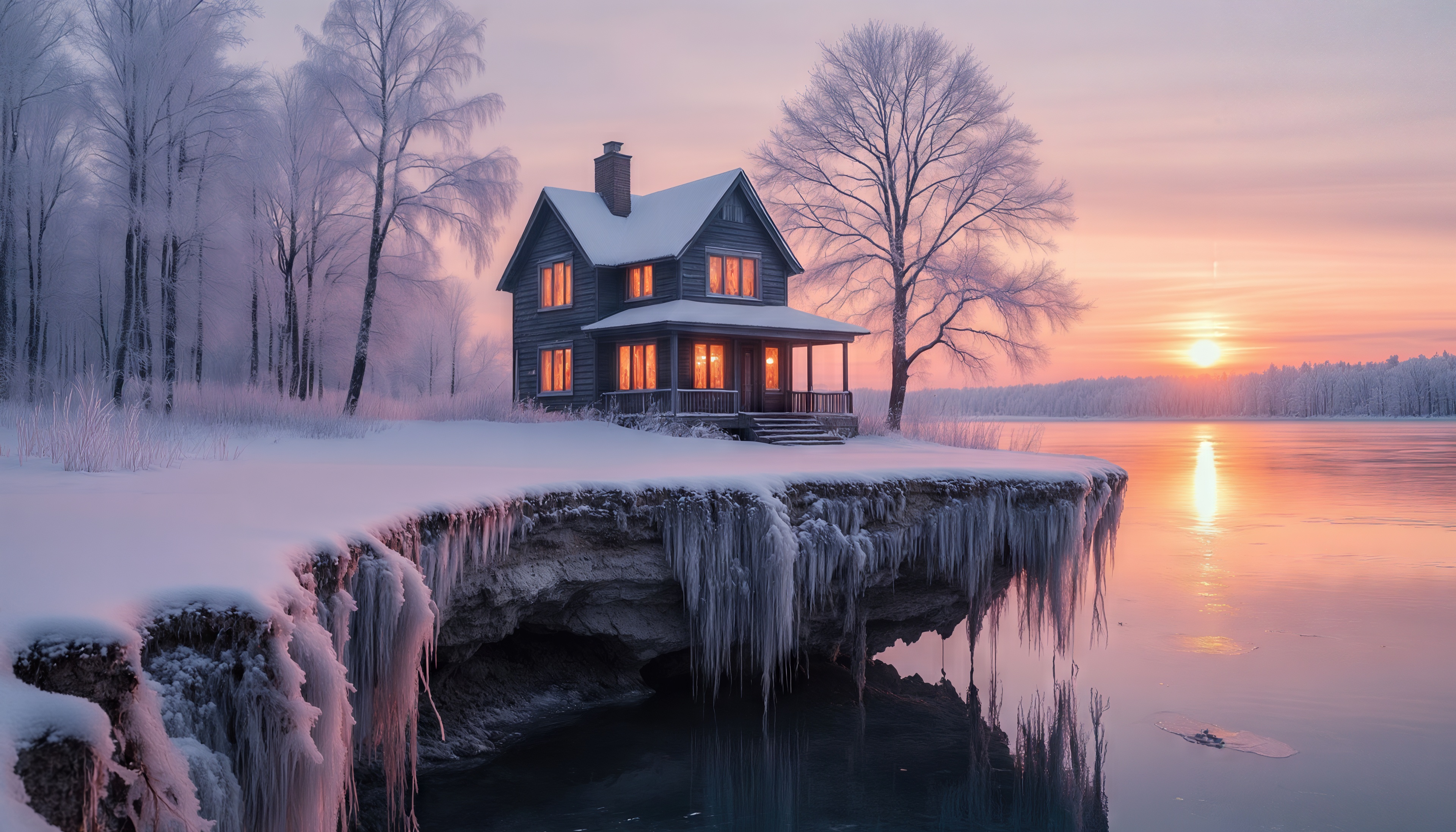 Free photo A house on a snowy shore by the lake against the background of a winter sunset.