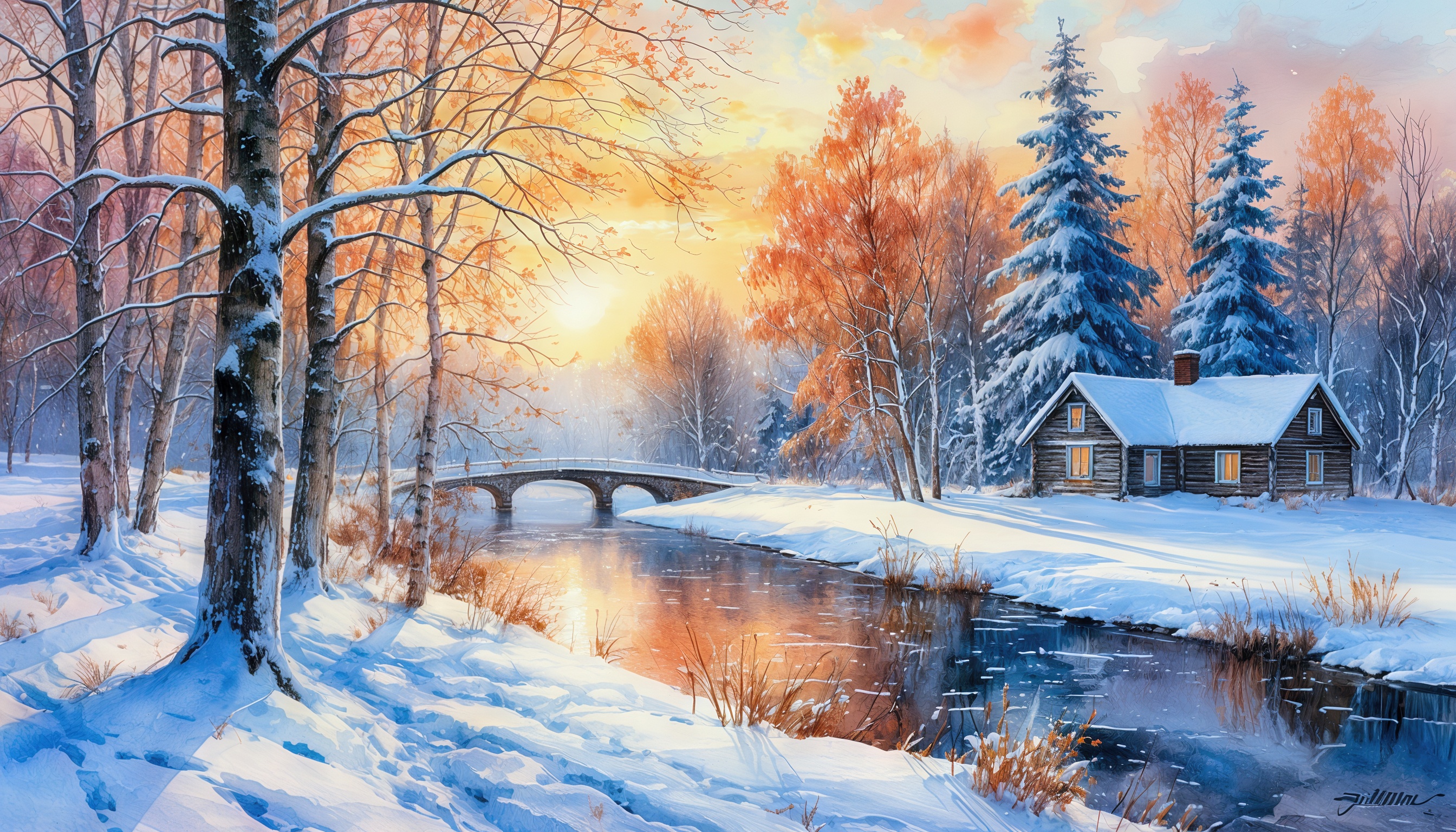 Бесплатное фото Зимний пейзаж: домик с дымом из трубы у заснеженной реки, мост, берёзы и ели, закат окрасил небо в оранжевые тона.