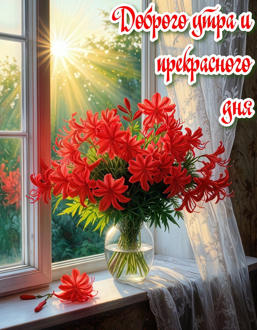 Бесплатная открытка Букет хиганбана ликорис в вазе на подоконнике под утренним солнцем.