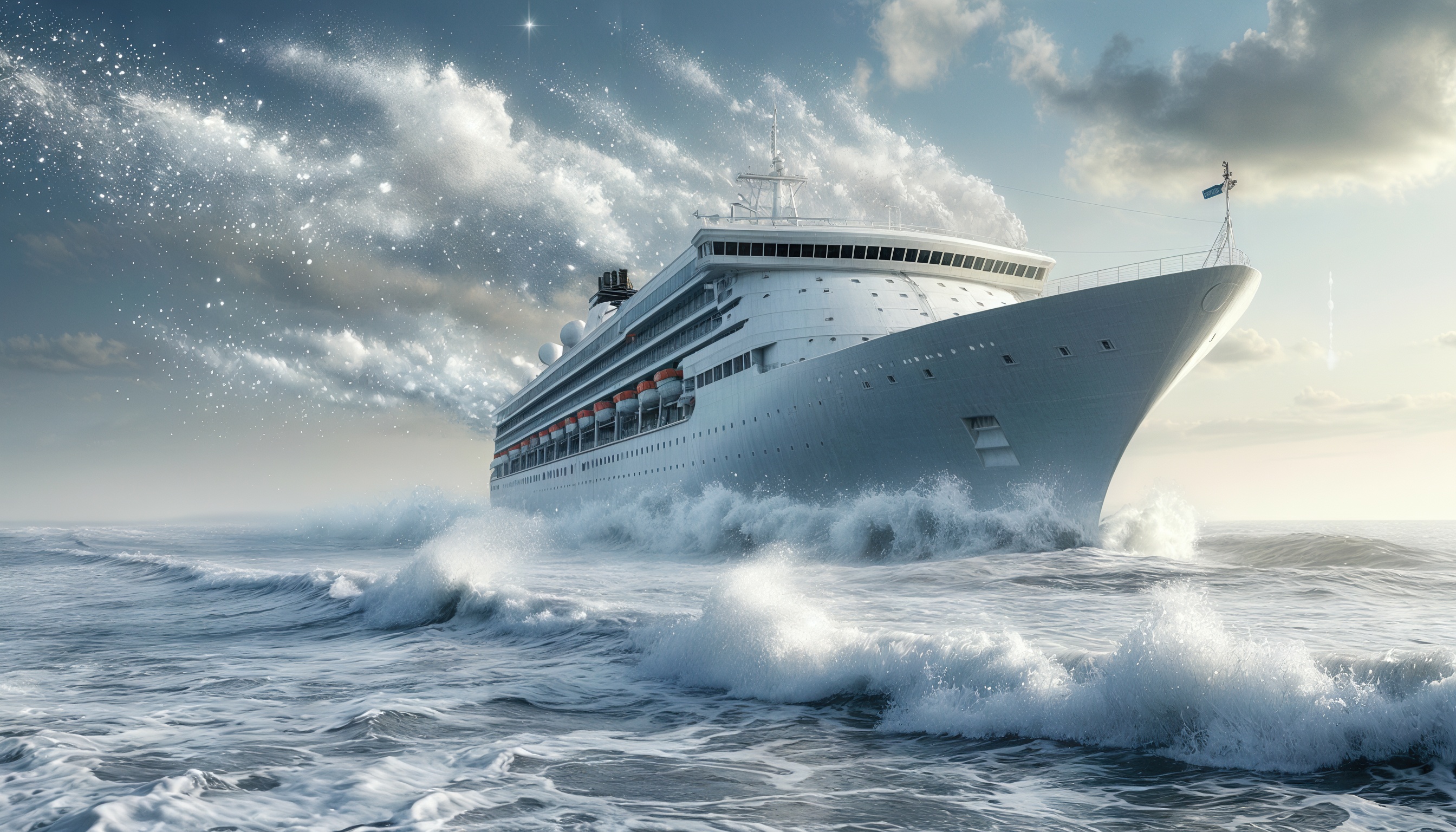 Бесплатное фото Круизный лайнер на бурном море с флагом и спасательными шлюпками.