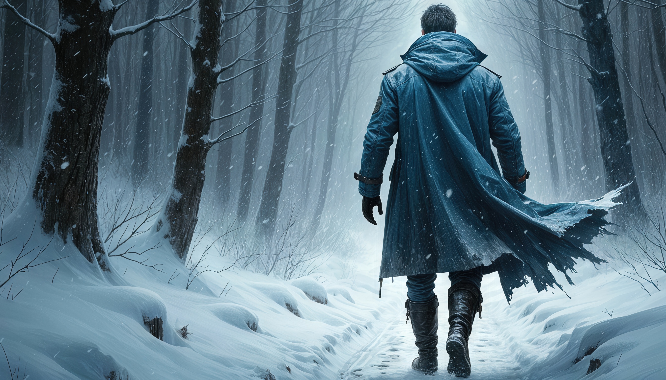 Бесплатное фото Александр идёт по заснеженному лесу. Арт по серии книг Ненормальный практик.