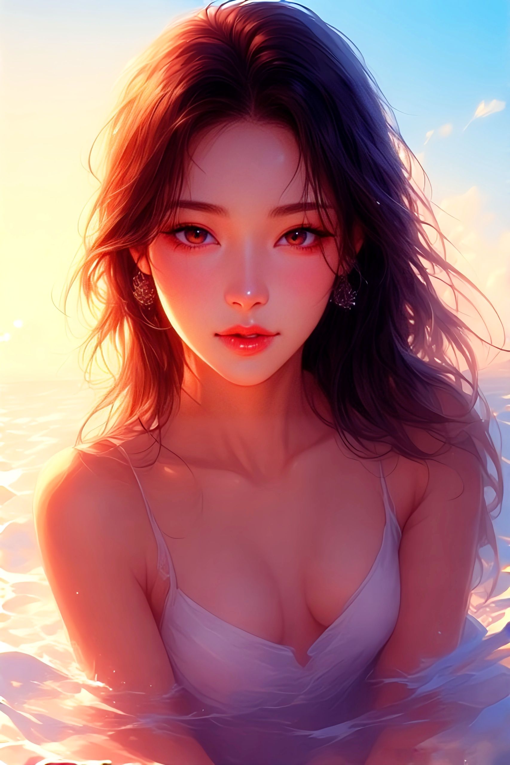 Бесплатное фото Красивая кореянка на фоне моря.