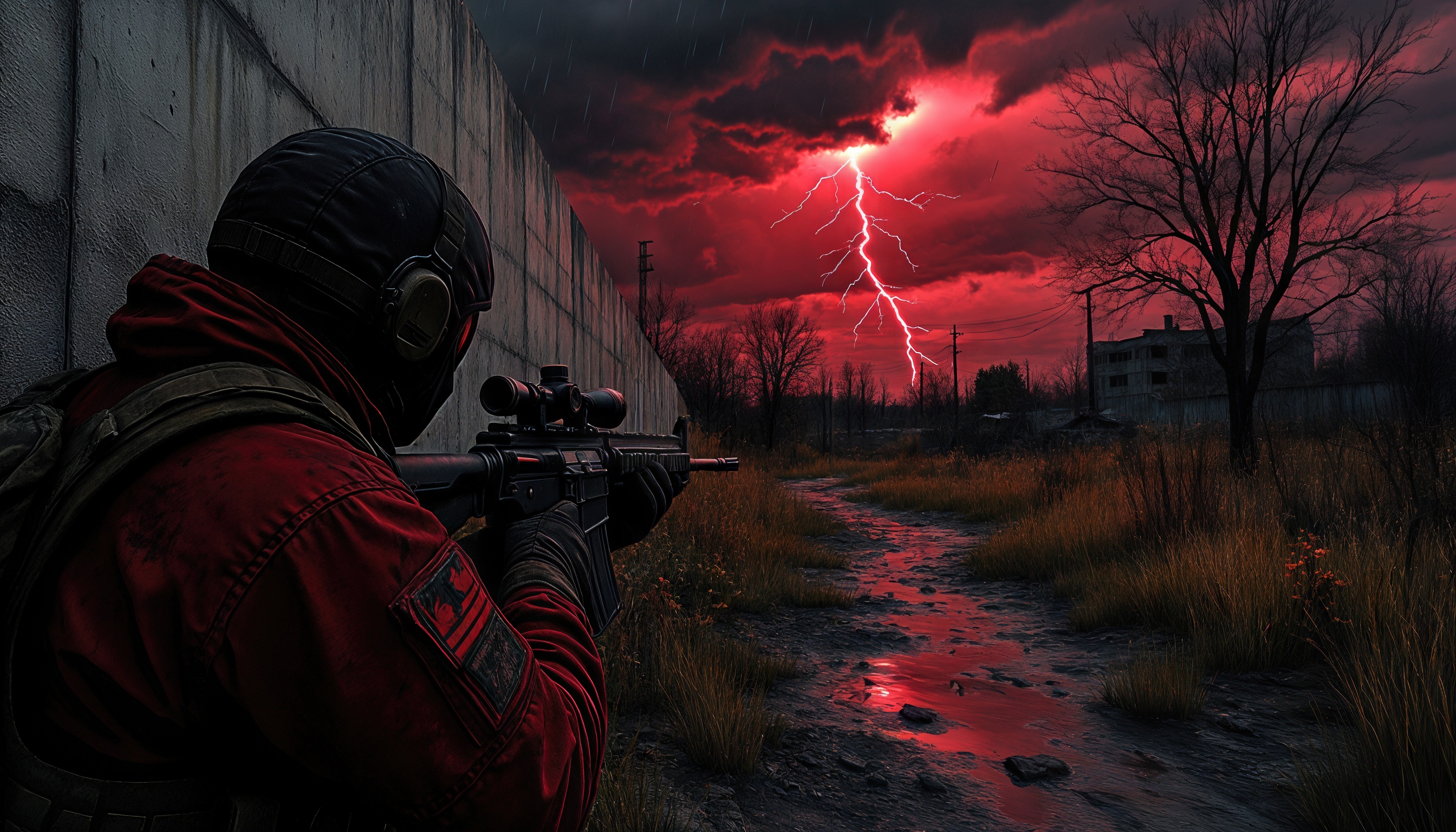 Бесплатное фото Сталкер в маске, сливаясь с тенью, целится в пустоту под багряными молниями заброшенного мира.