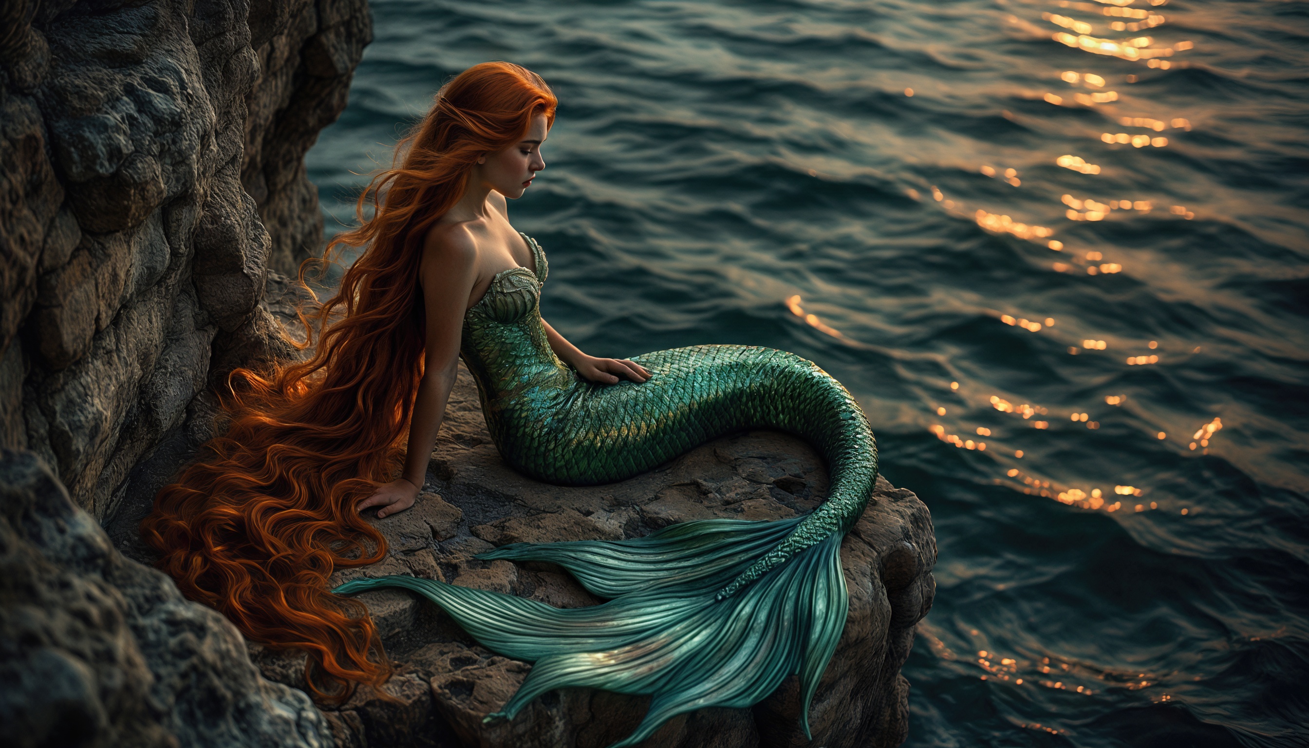 Бесплатное фото Русалка с рыжими волосами и чешуйчатым хвостом сидит на скале у воды, освещенной солнечными бликами.