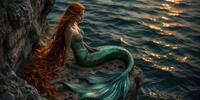 Русалка с рыжими волосами и чешуйчатым хвостом сидит на скале у воды, освещенной солнечными бликами.