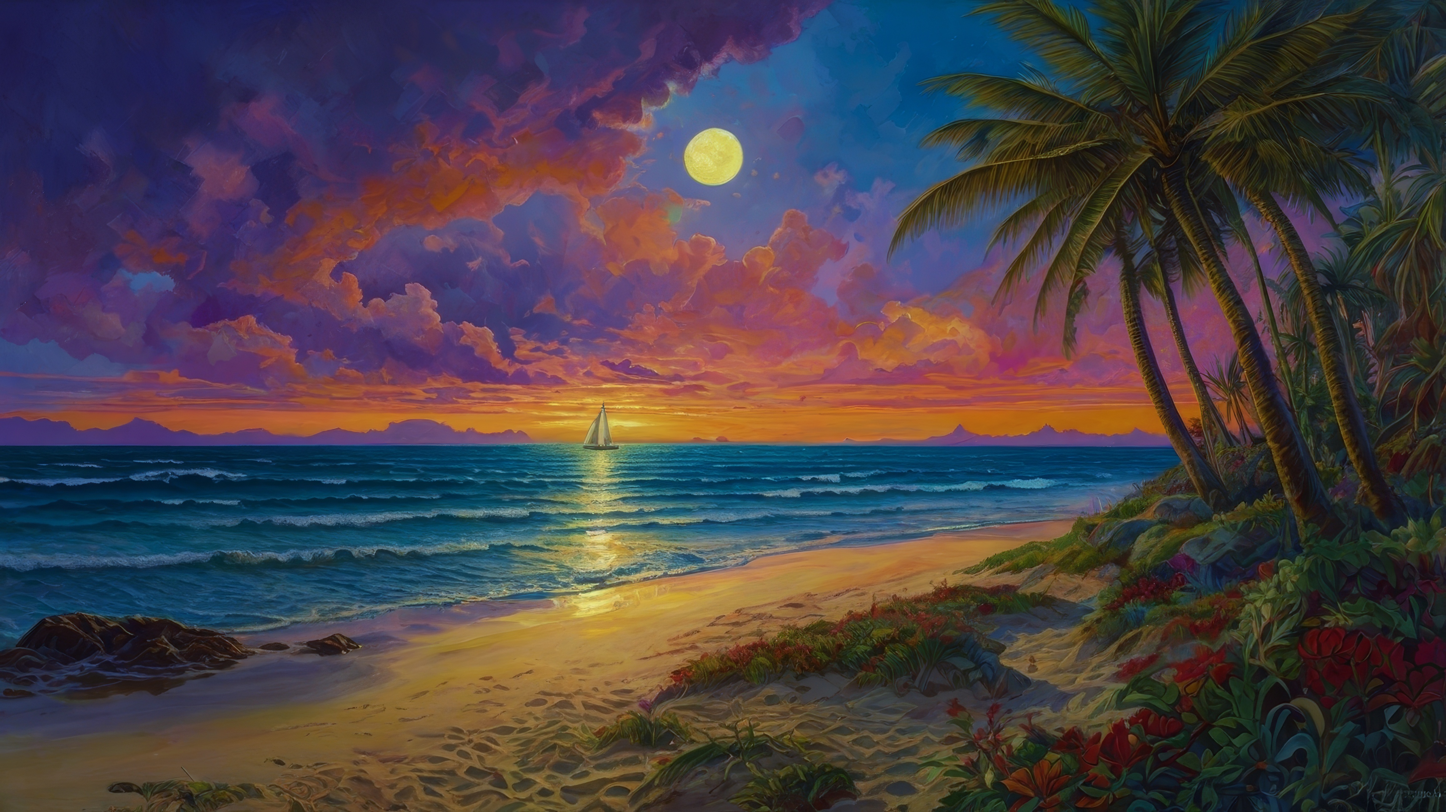 Картина с изображением полной луны и парусника вдали