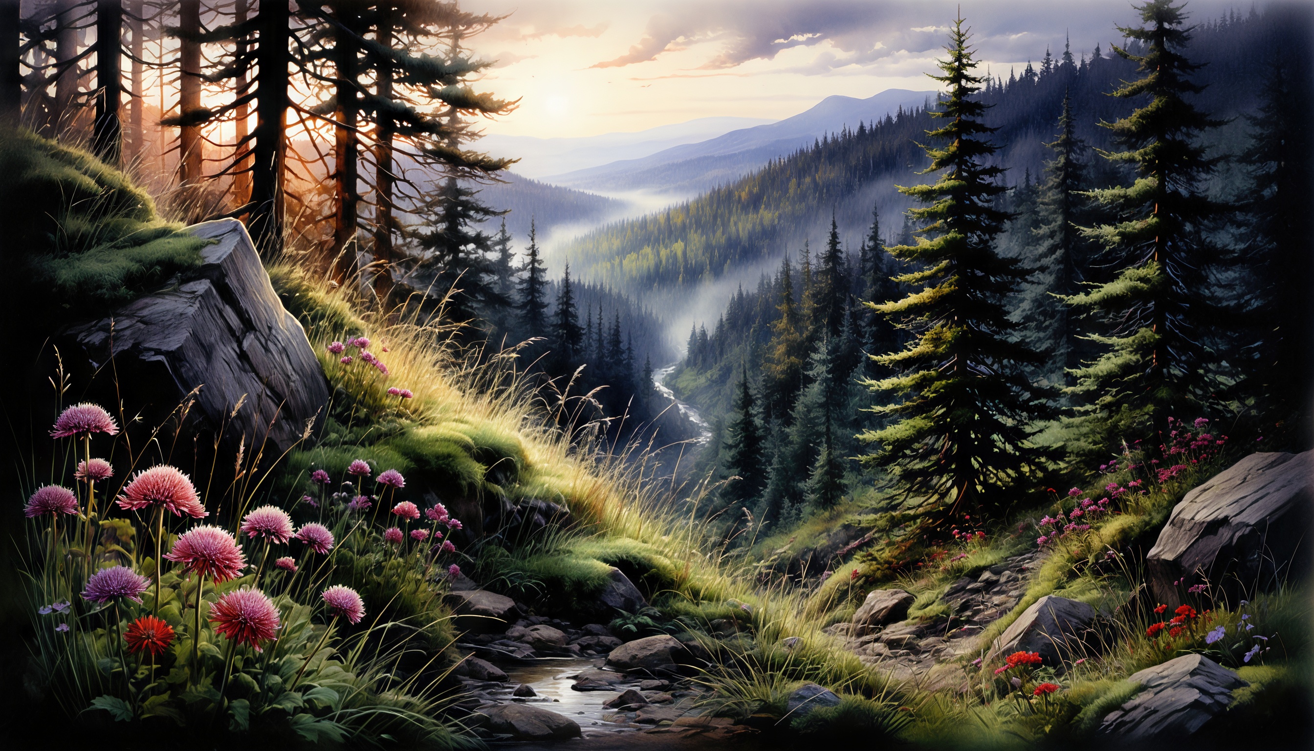Бесплатное фото Живописный лесной пейзаж с ручьем, цветами, горами и туманом, создающий атмосферу спокойствия и гармонии с природой.