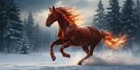 Огненная лошадь мчится по заснеженному лесу, оставляя за собой вихрь искр.