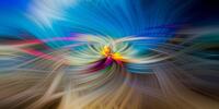 Абстрактный цифровой арт с яркими цветами и световыми эффектами, создающий впечатление движения и вращения.