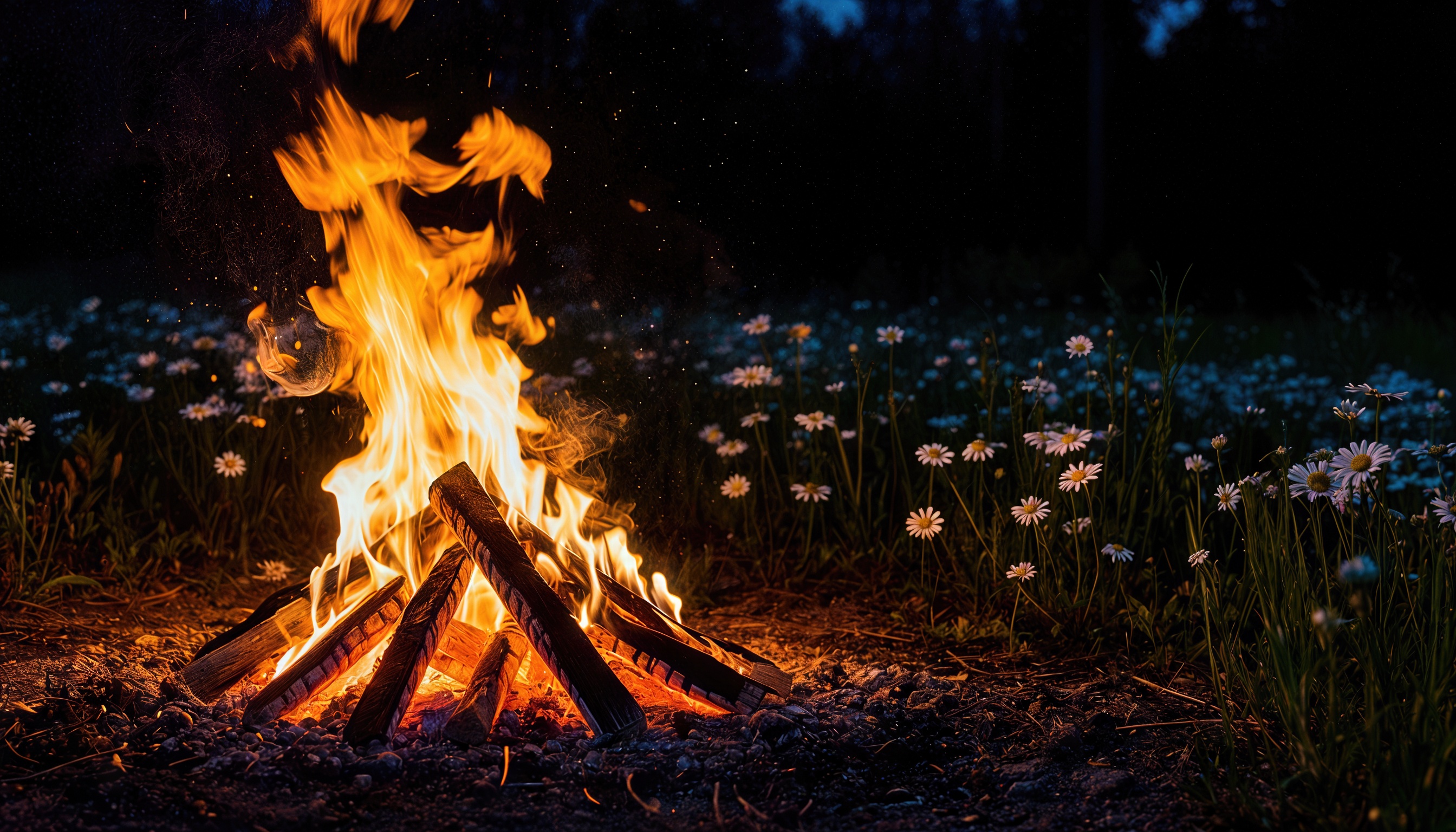 Бесплатное фото Костёр, горящий на фоне ночного леса с цветами.