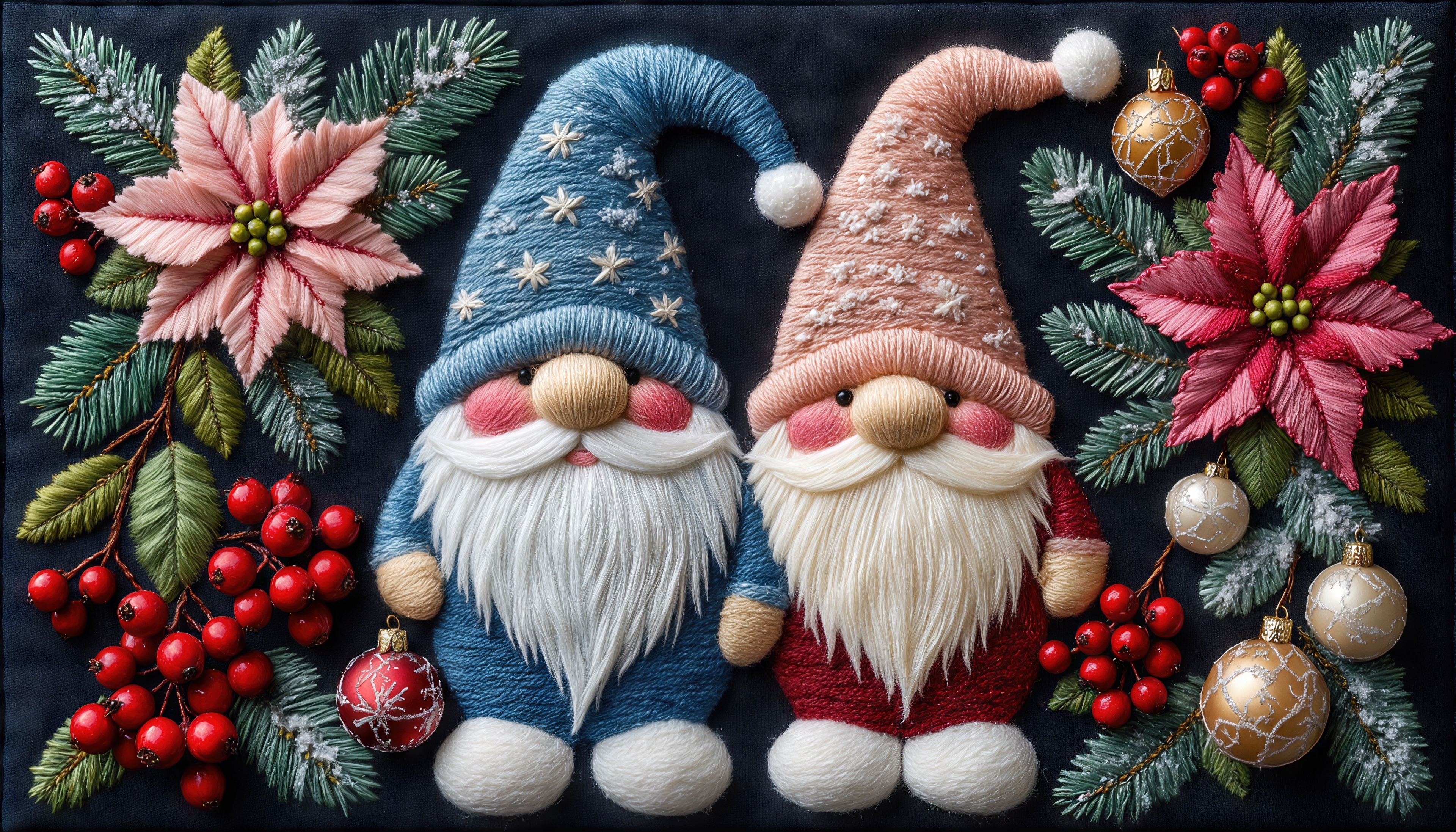 Бесплатное фото Два вязаных гнома в праздничных шапках среди еловых ветвей и пуансеттий.
