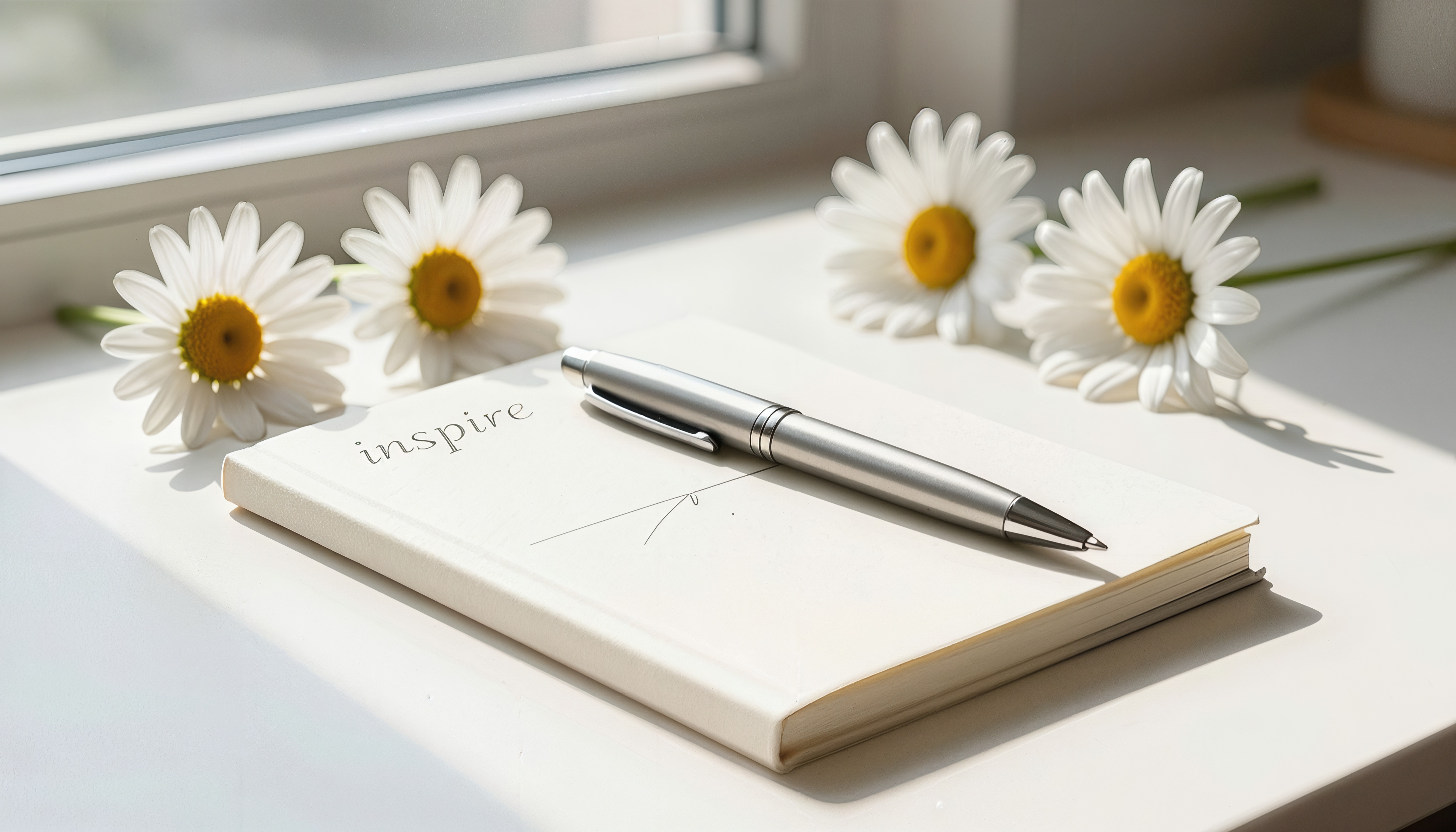 Free photo A notebook with the inscription inspire and a pen on the windowsill among the daisies.