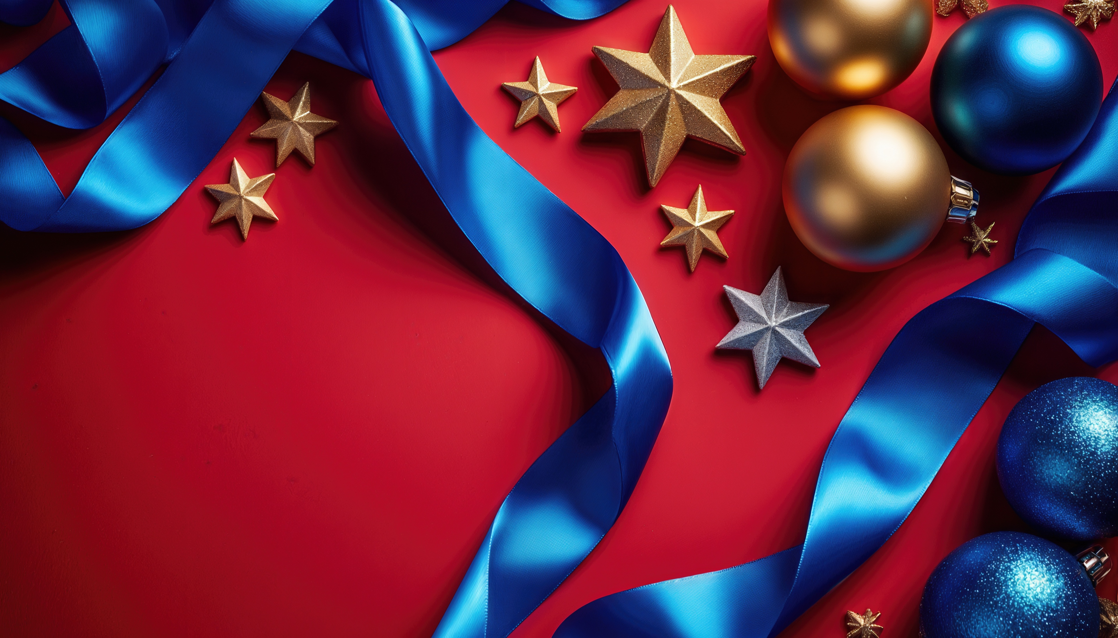 Бесплатная открытка Яркий новогодний натюрморт: лента, звёзды, шары.