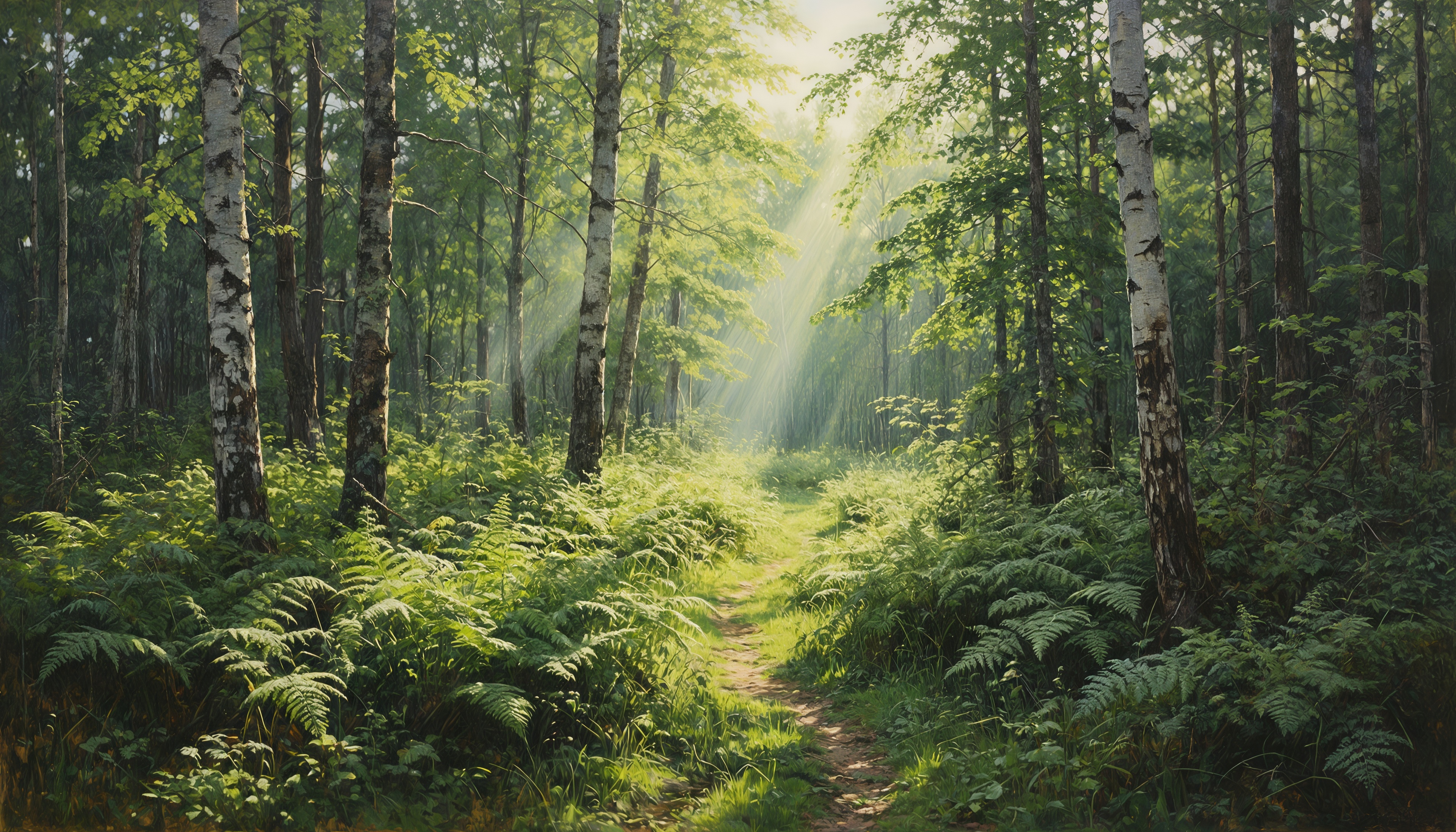 Бесплатное фото Солнечный лес с берёзами и папоротниками, лучи света пронизывают чащу.