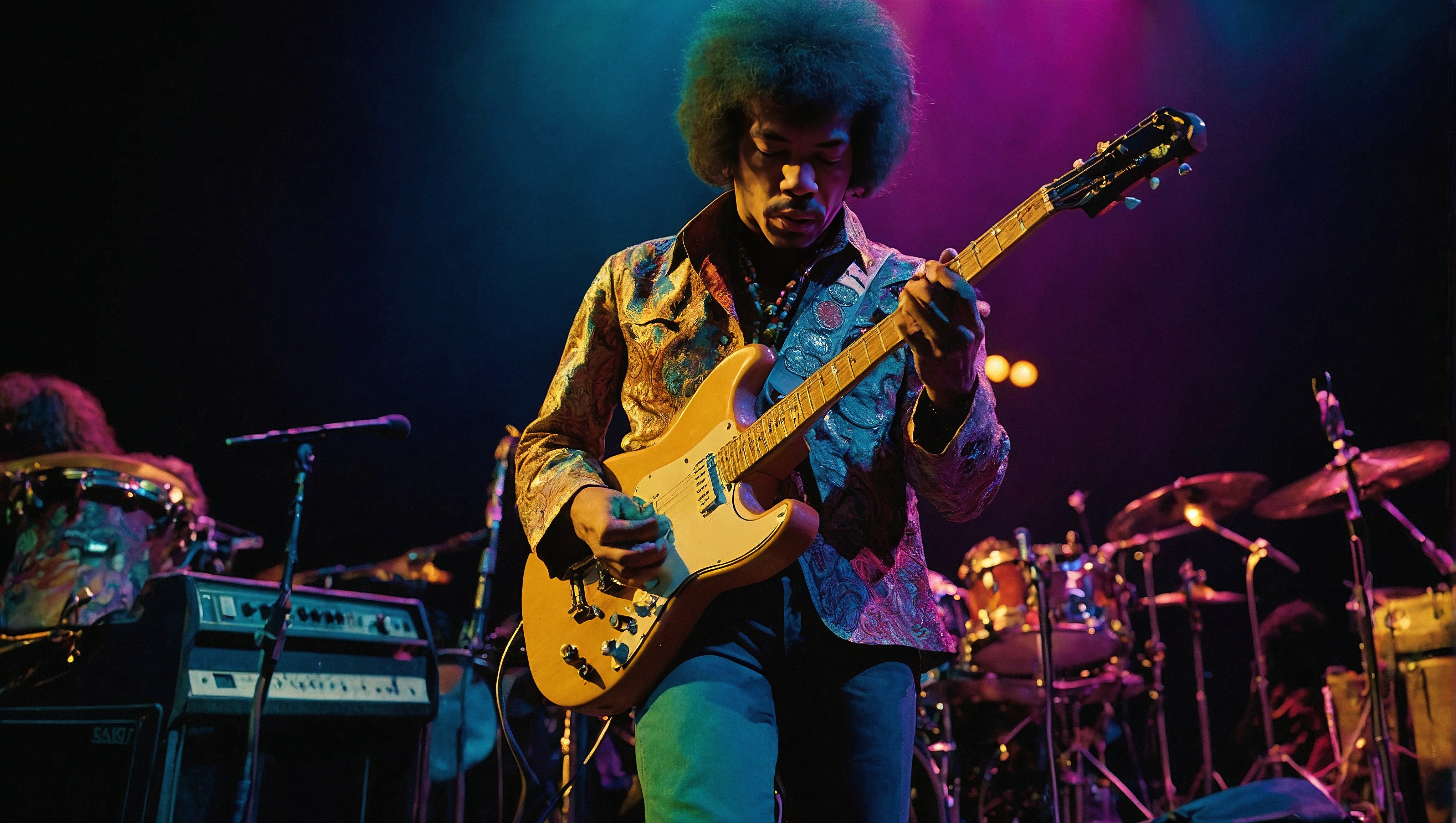 Free photo A man on stage playing guitar against a background of purple light