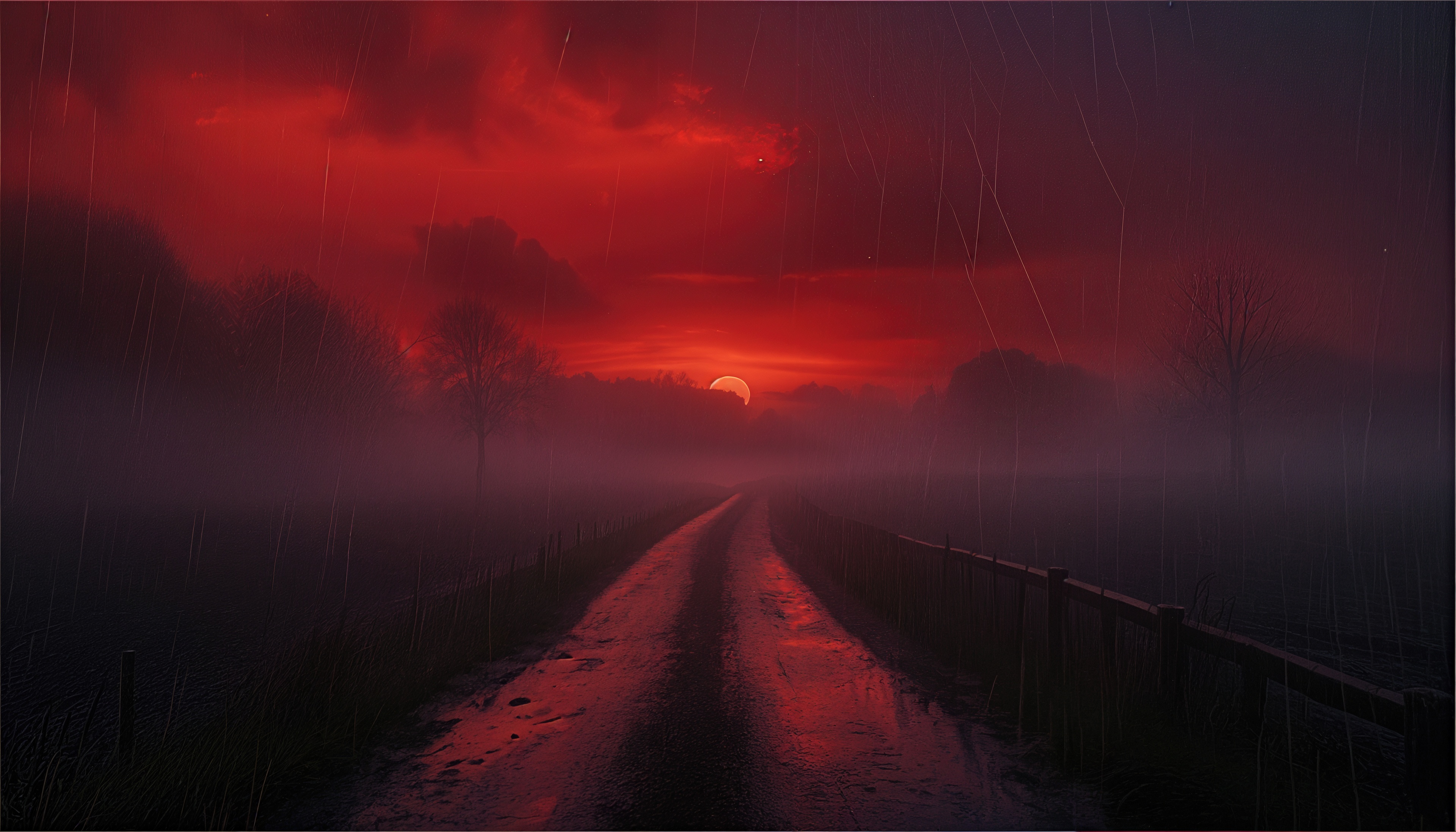 免费照片一个深红色的夕阳在雨的面纱潮湿的道路。
